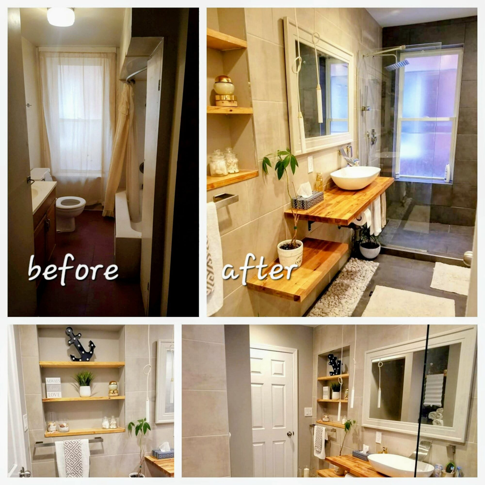 Bathroom before and after renovation, showing changes in layout, fixtures, and decor.