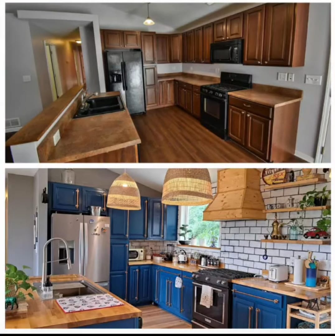 Two kitchens with wooden and blue cabinets, countertops, appliances, and open shelving, viewed from different angles.
