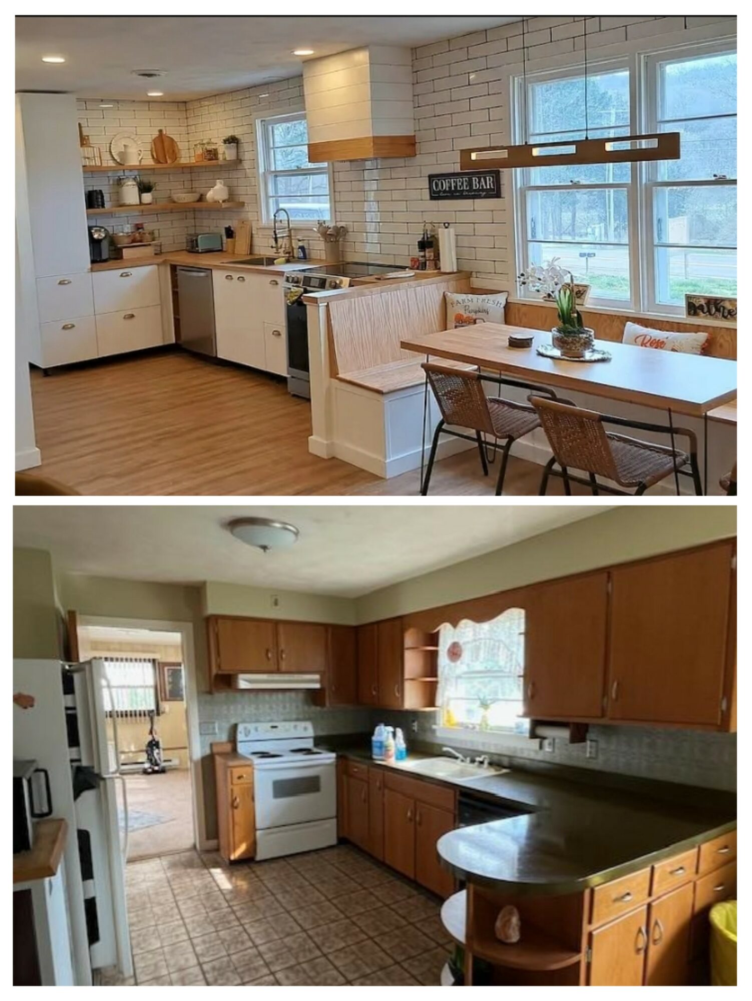 Kitchen with white cabinets, wooden accents, and a dining table with chairs near windows, bright and modern design.