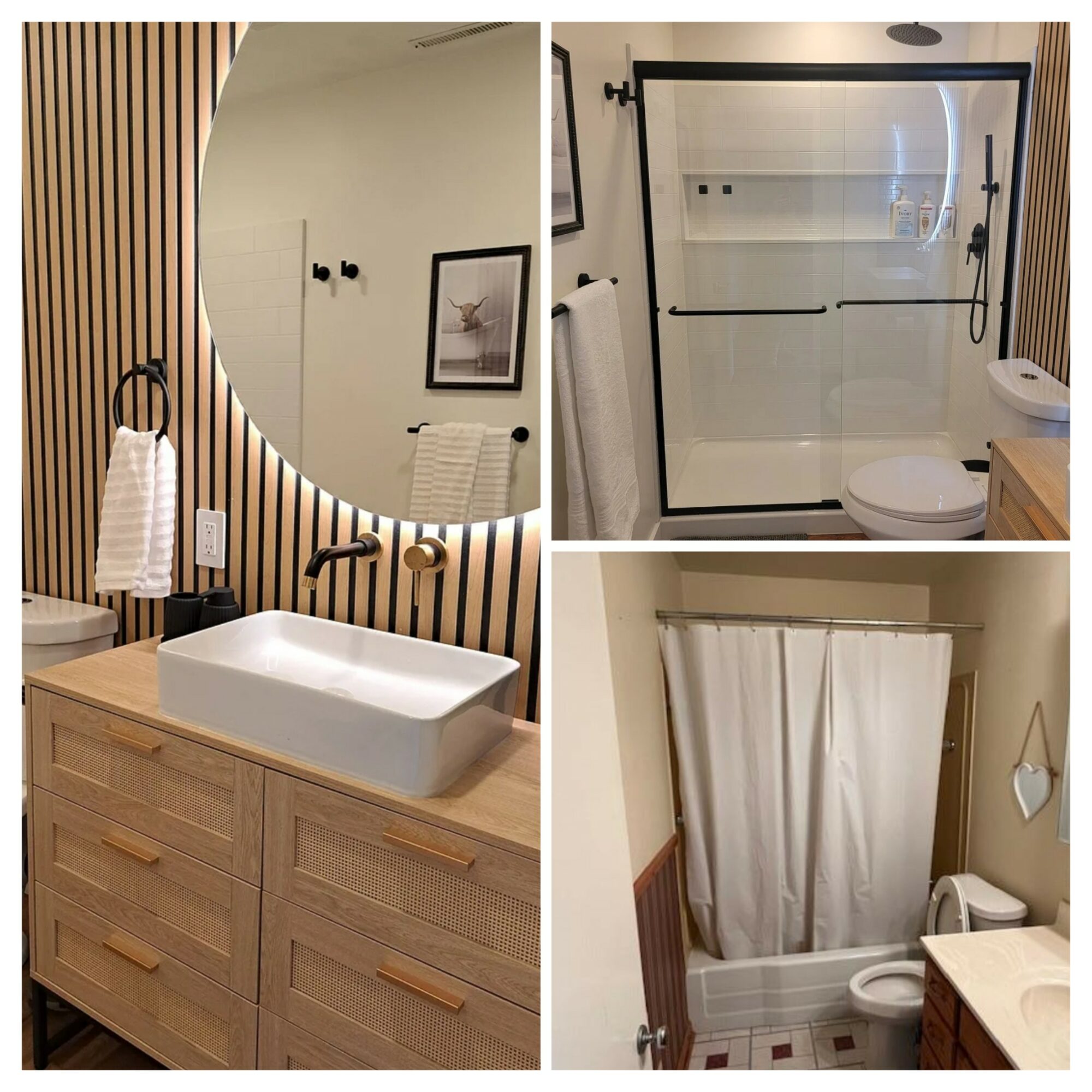 Bathroom with wooden vanity, large mirror, shower with glass door, and toilet with curtain.