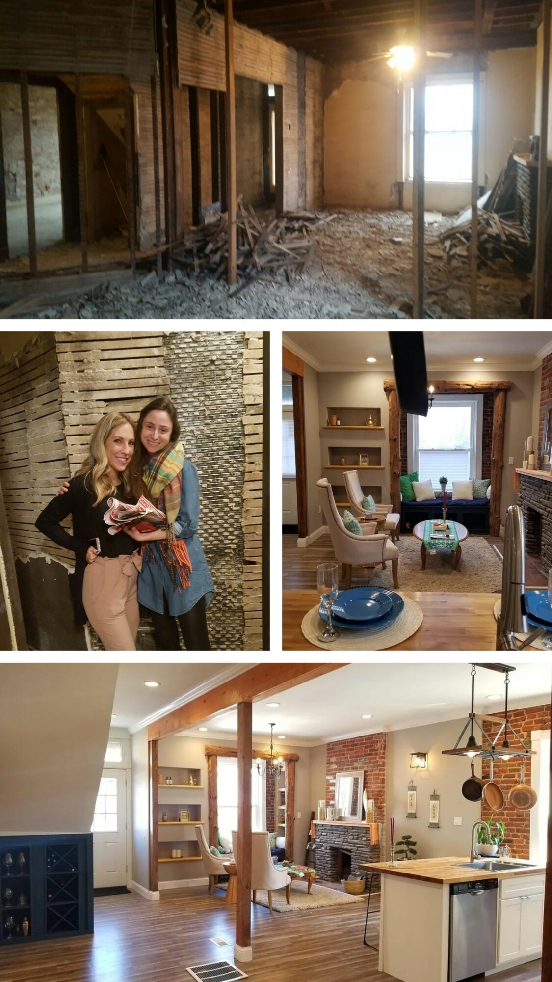 Three interior rooms and one exterior scene, showing construction, people, and furnished spaces with furniture and decor.