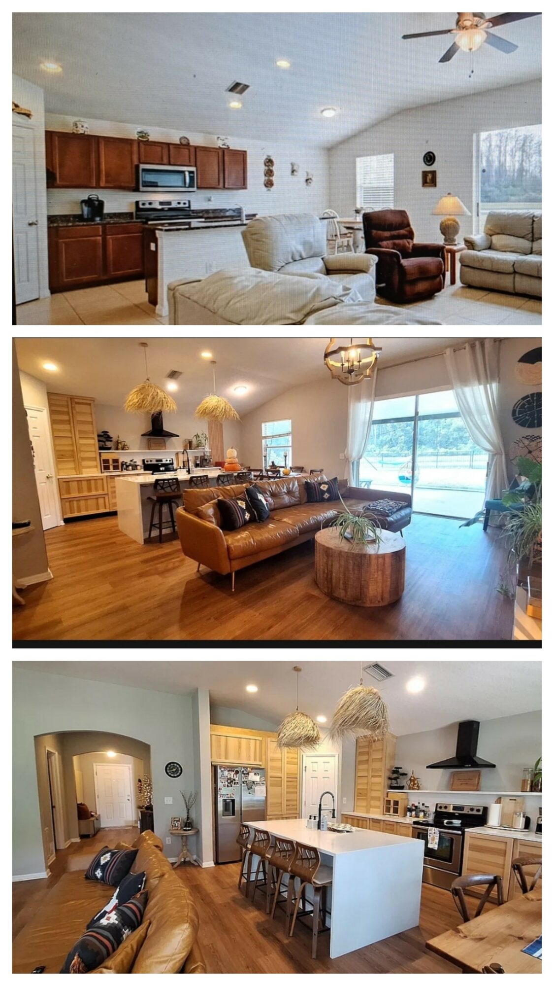 Three interior rooms: kitchen with wooden cabinets, living room with sofa, and dining area with barstools and kitchen island.