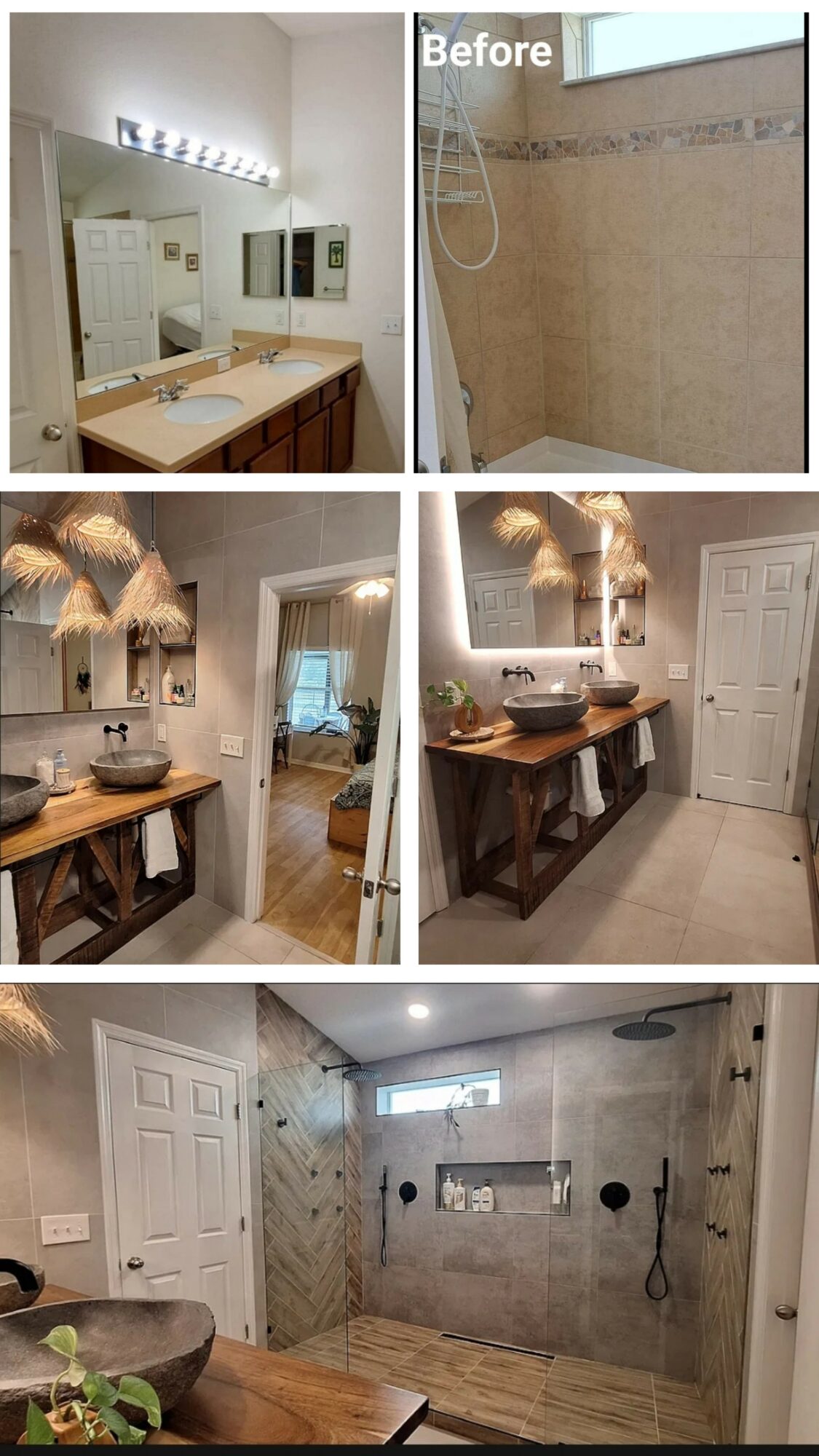 Collage of bathroom and shower images, including vanity, shower area, and interior views.