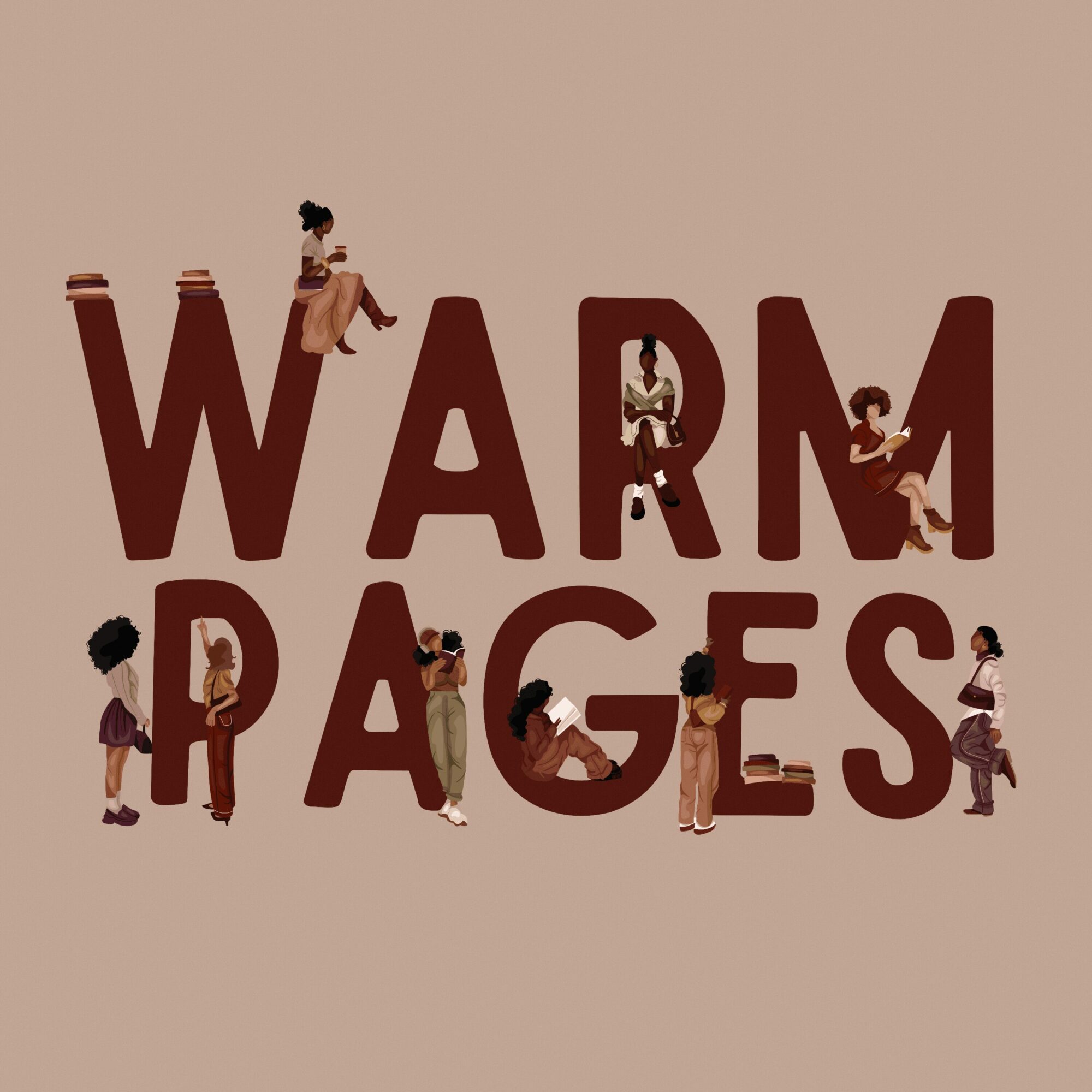 Children interact with large text spelling 'WARM PAGES' on a plain background.