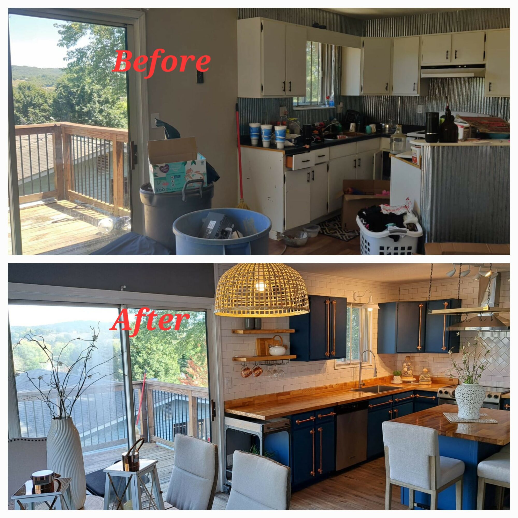 Kitchen and dining area after cleaning, with blue cabinets, a wooden table, and a chandelier, bright and organized.