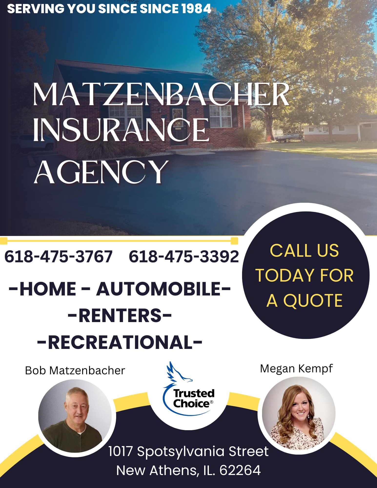 Insurance agency sign with contact info, photos of two people, and a call-to-action circle.