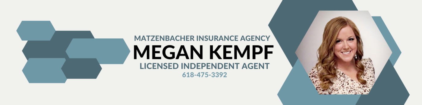 Business card for Megan Kemp, insurance agent, with a photo of a smiling woman with long hair.