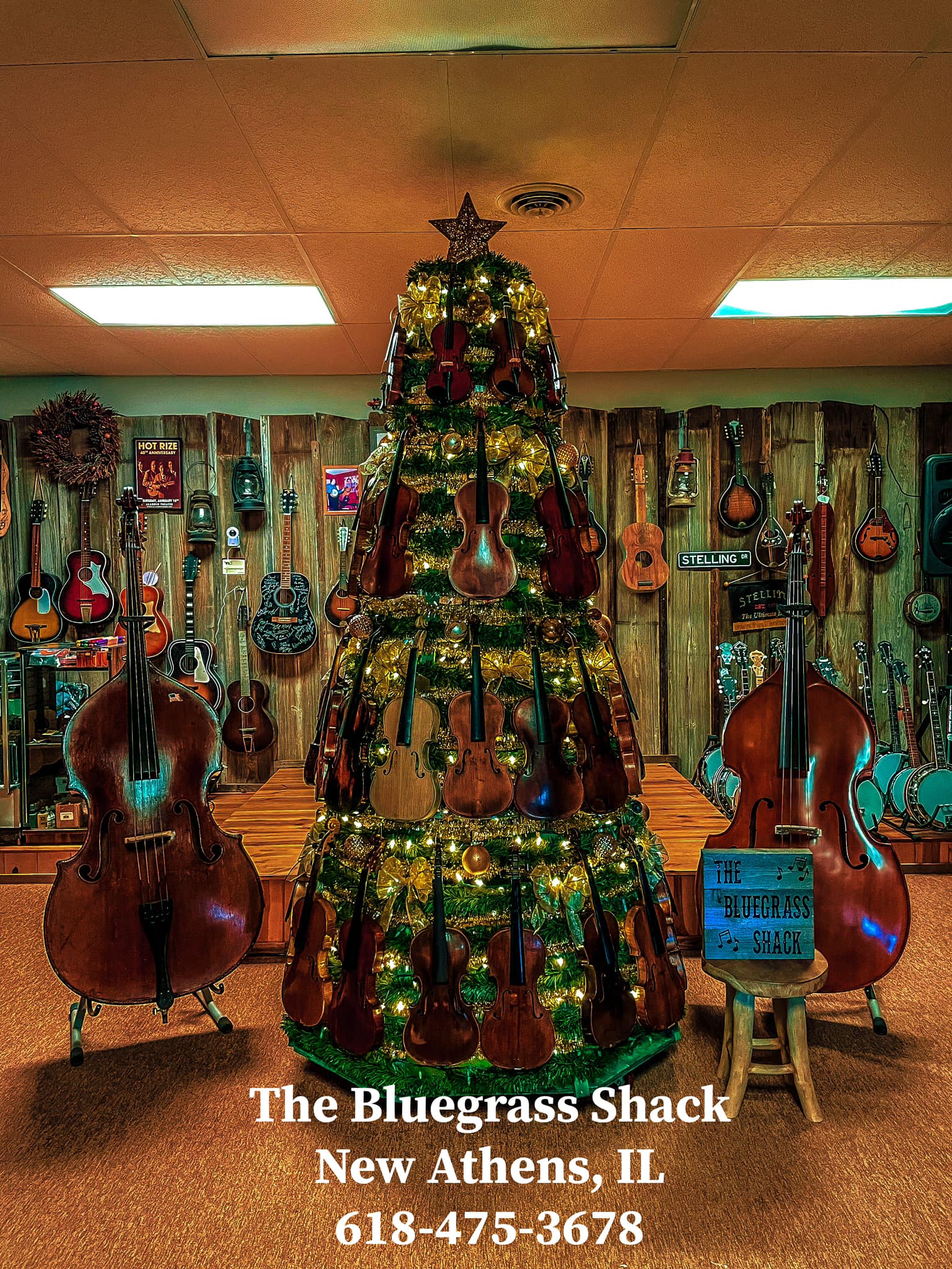 Decorated Christmas tree with guitars and musical instruments on a wall, surrounded by chairs, in a music-themed room.
