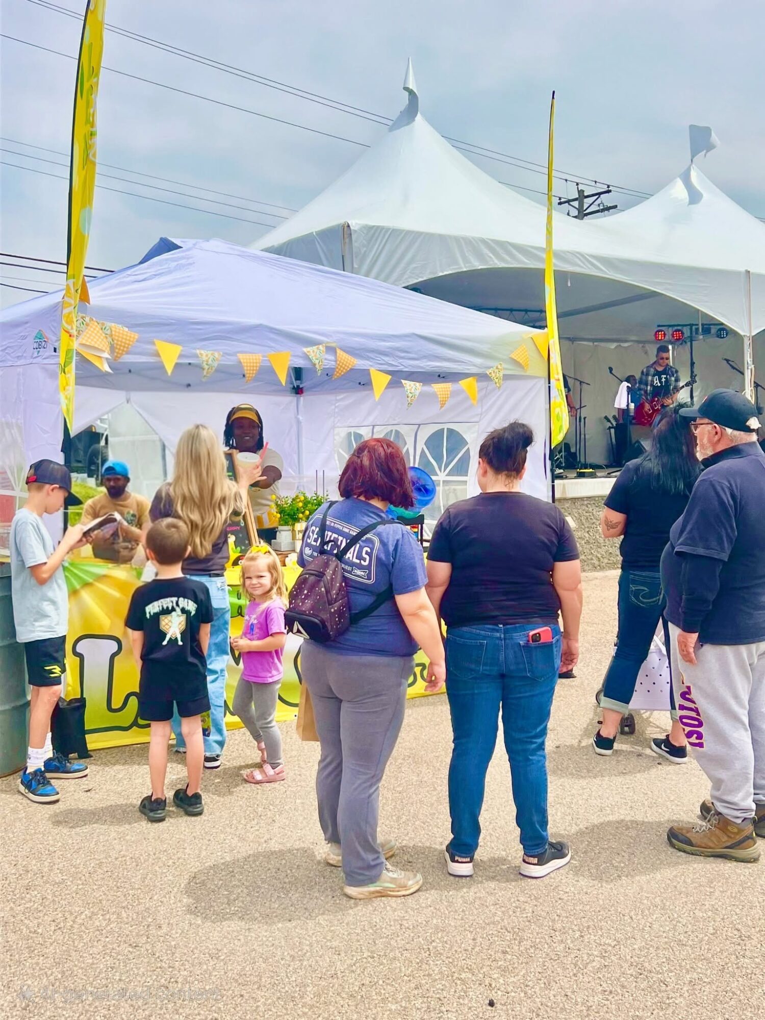 People gathered outdoors near tents and yellow flags, children and adults interacting at an event.