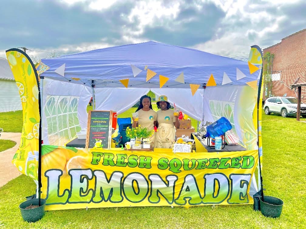 Lemonade stand with two people, colorful sign, and supplies outdoors under a blue sky.