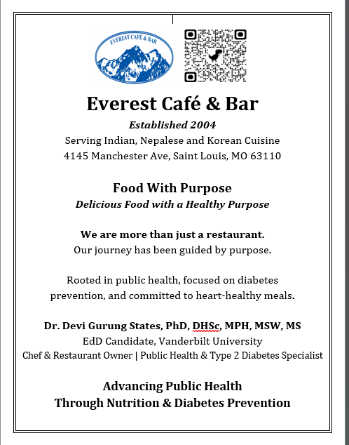 Menu for Everest Café & Bar with logo, QR code, and text about food, health, and restaurant details.