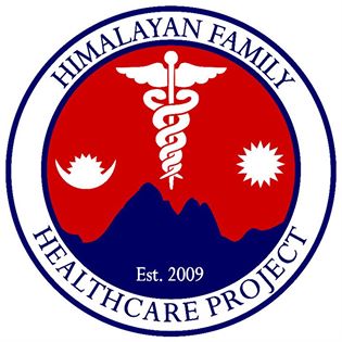 Himalayan Family Healthcare Project logo with a caduceus, mountains, and two suns, encircled by text.