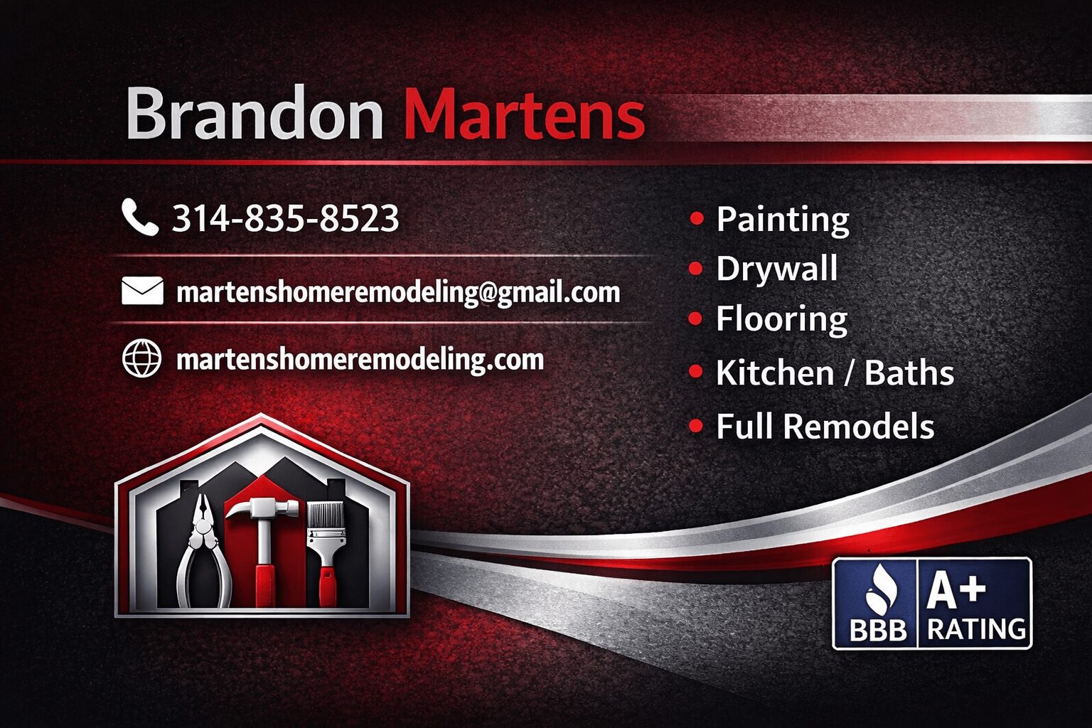 Business card for Brandon Martens with contact info and services like painting and remodeling.