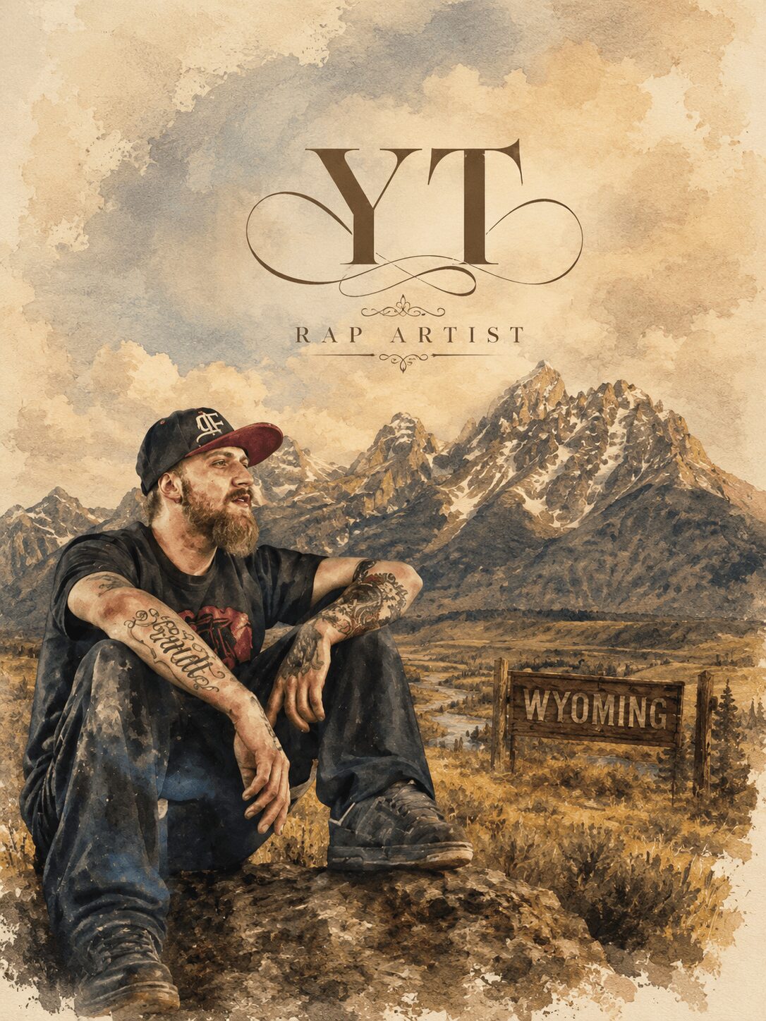 Portrait of a bearded man with tattoos sitting outdoors with mountains and a Wyoming sign in the background.