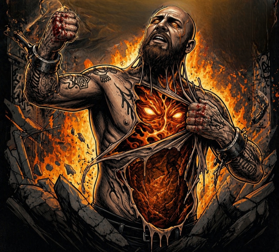 A muscular man with tattoos tearing open his chest, revealing a fiery, glowing heart inside, surrounded by flames and destruction.