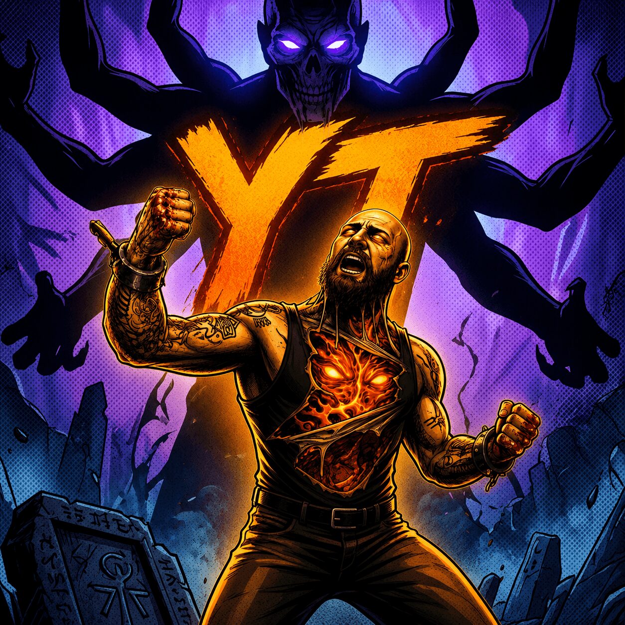 A muscular man with tattoos and glowing chest, shouting with fists raised, in front of a dark, ominous figure with glowing eyes and multiple arms. Background includes gravestones and a purple sky.