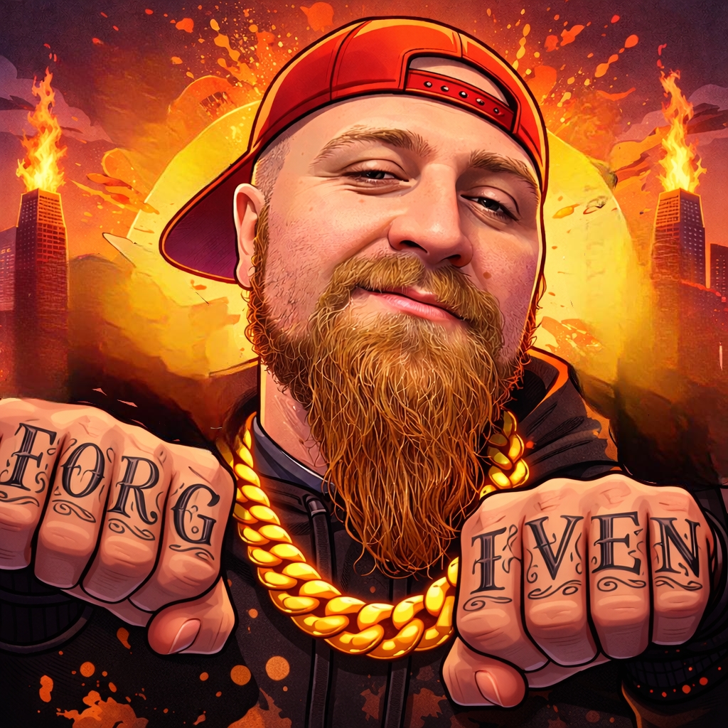 A man with a beard and red cap, smiling, showing tattoos on fists, with a fiery cityscape background.