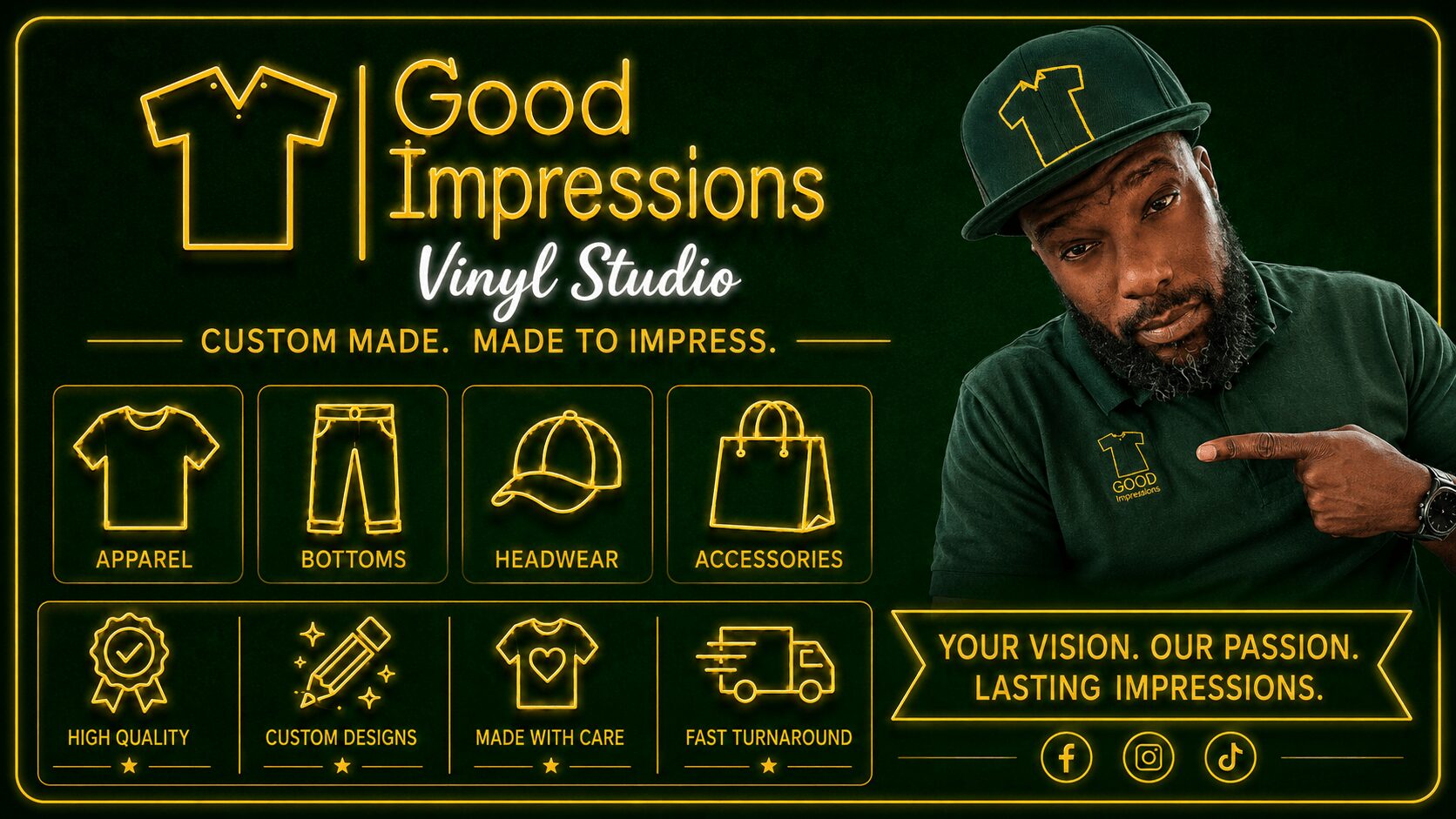 Signboard for Good Impressions Vinyl Studio with a man pointing, displaying apparel, accessories, and services, on a black background.