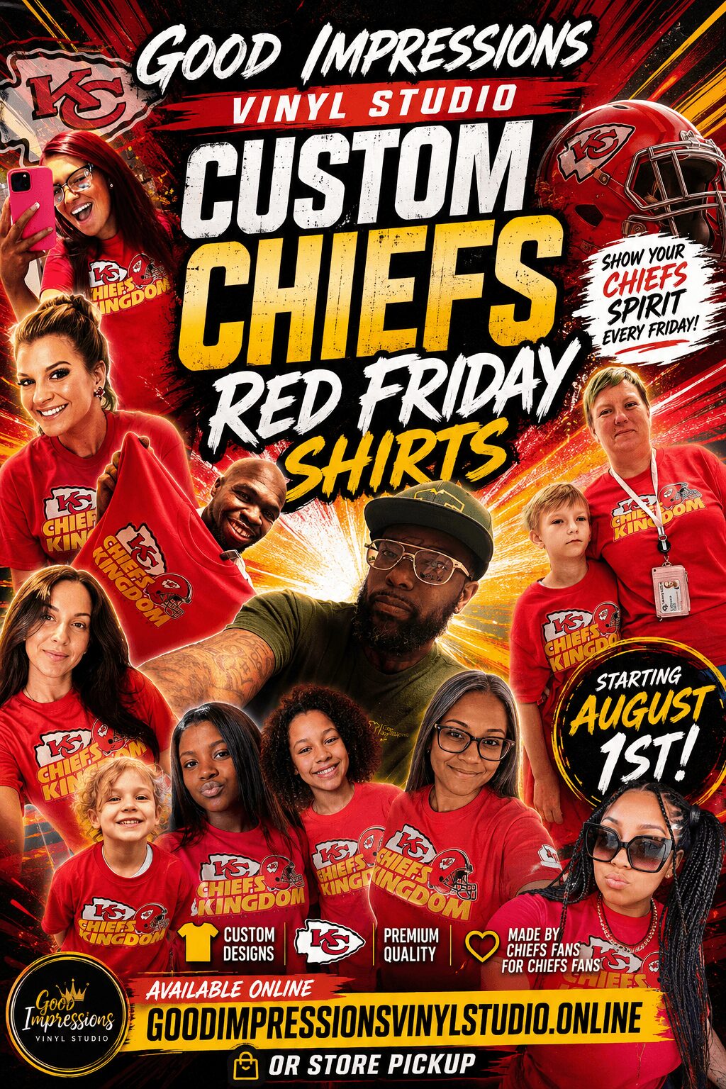 Group of people wearing red Chiefs shirts, some with helmets, smiling, with text about custom Chiefs shirts for Red Friday, starting August 1st.