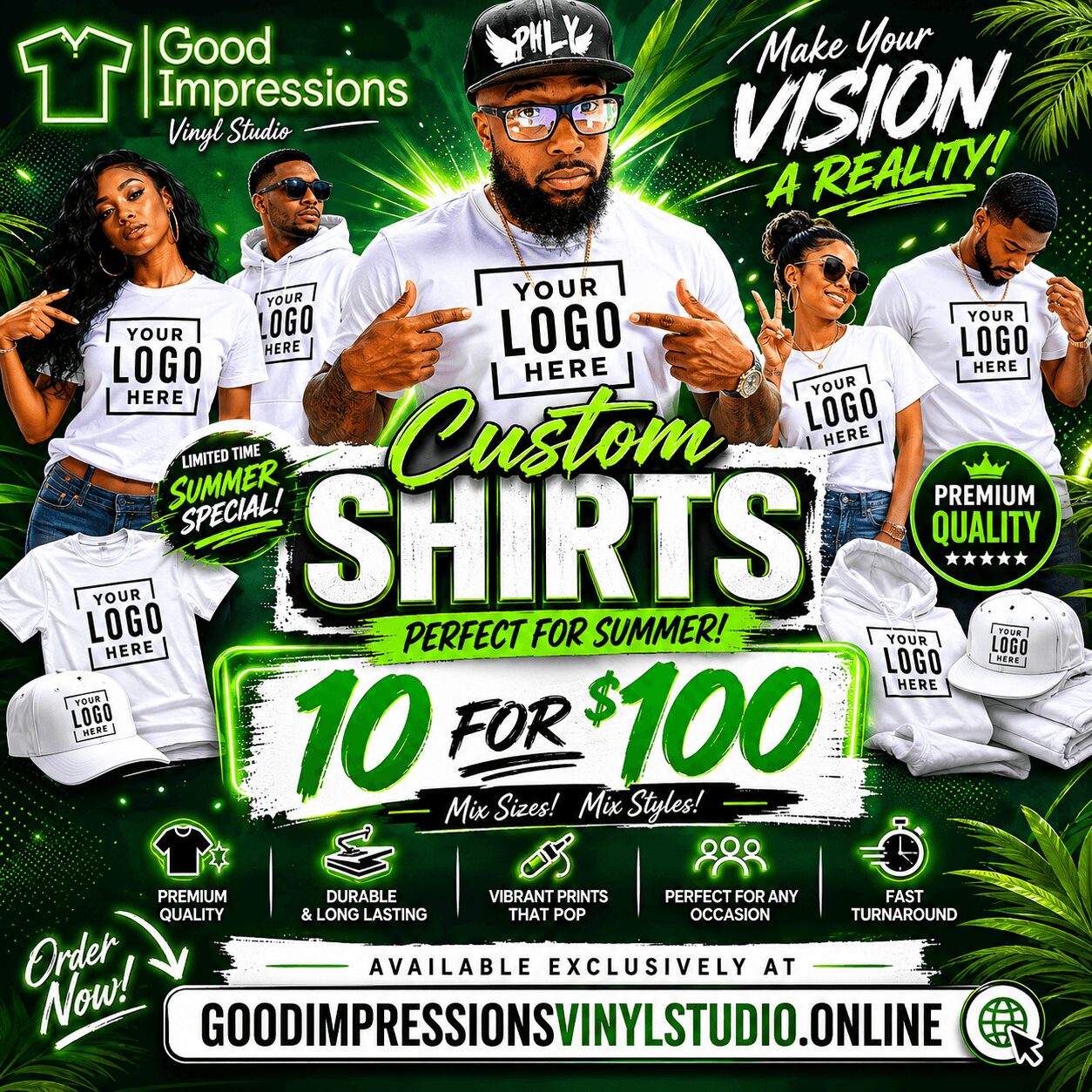 Group of people wearing custom T-shirts with logo placeholders, promotional text for summer shirts, caps, and sunglasses, bright green background.