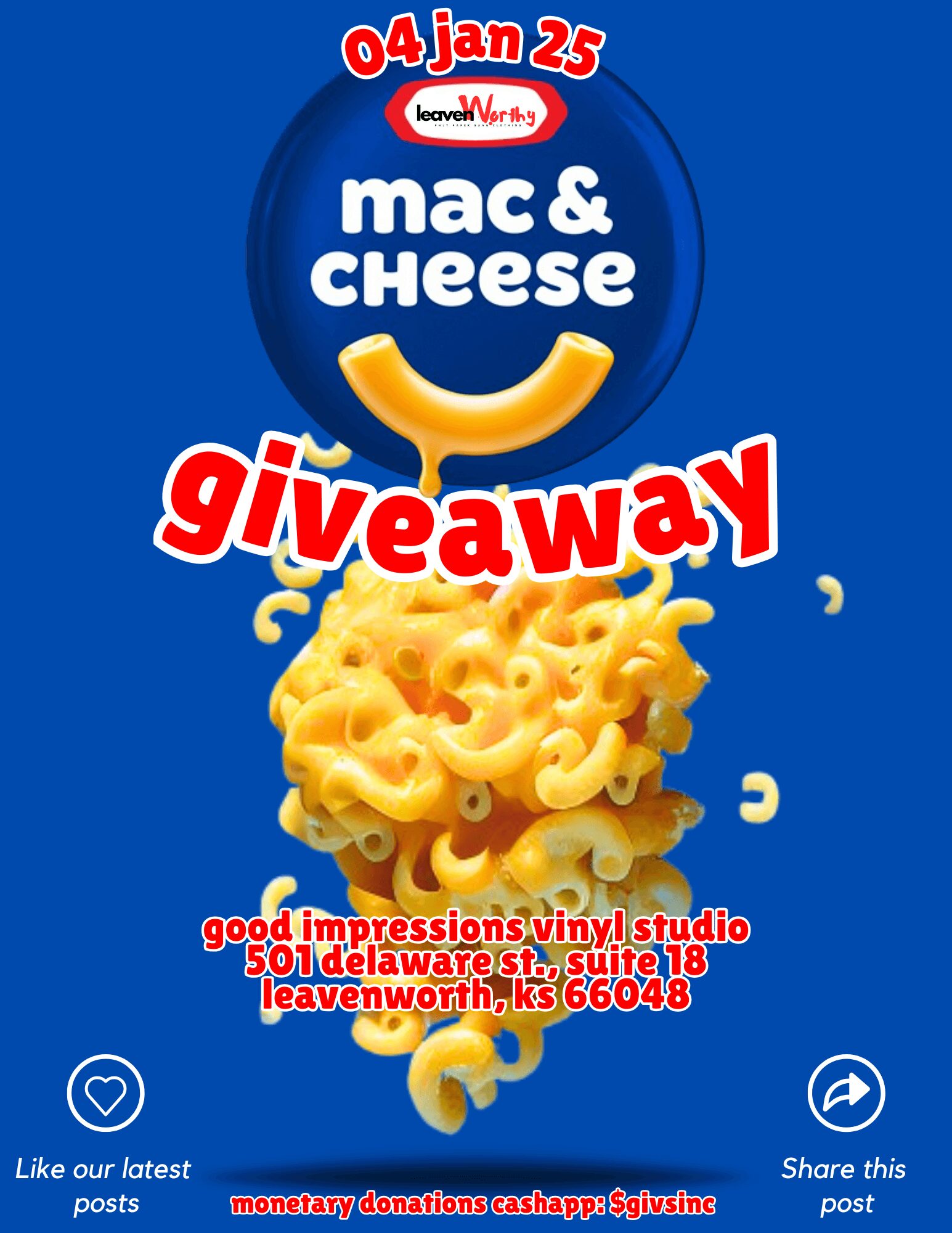 Blue background with text about a macaroni and cheese giveaway, a bowl of macaroni, and a red banner reading 'giveaway'.