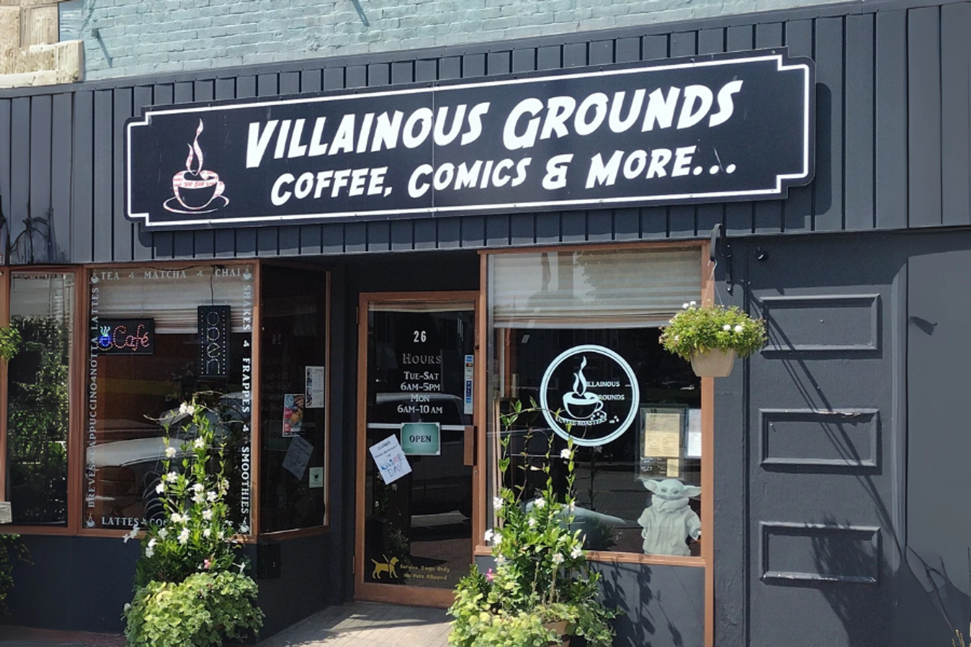 Storefront with sign reading 'Villainous Grounds Coffee, Comics & More...' and hanging flower basket outside.