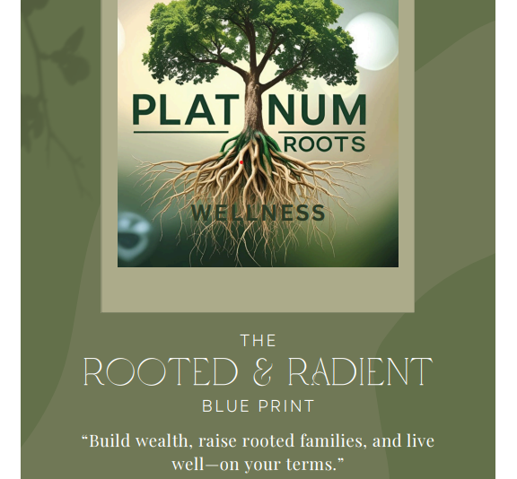 A green and white logo with a tree and roots, and text about wellness and rooted families.