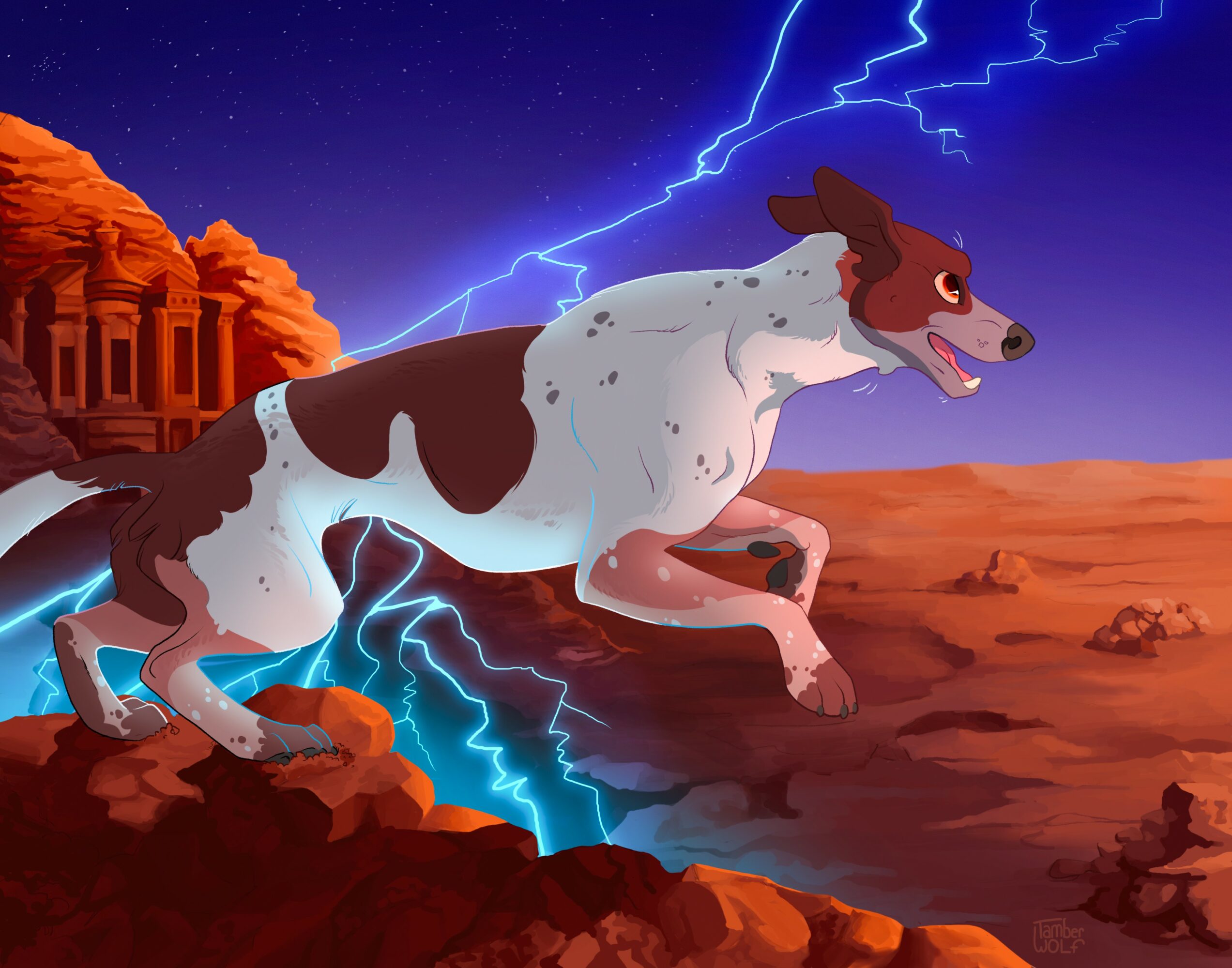 A dog with a white and brown coat runs through a desert landscape with lightning in the sky, and ancient ruins in the background.