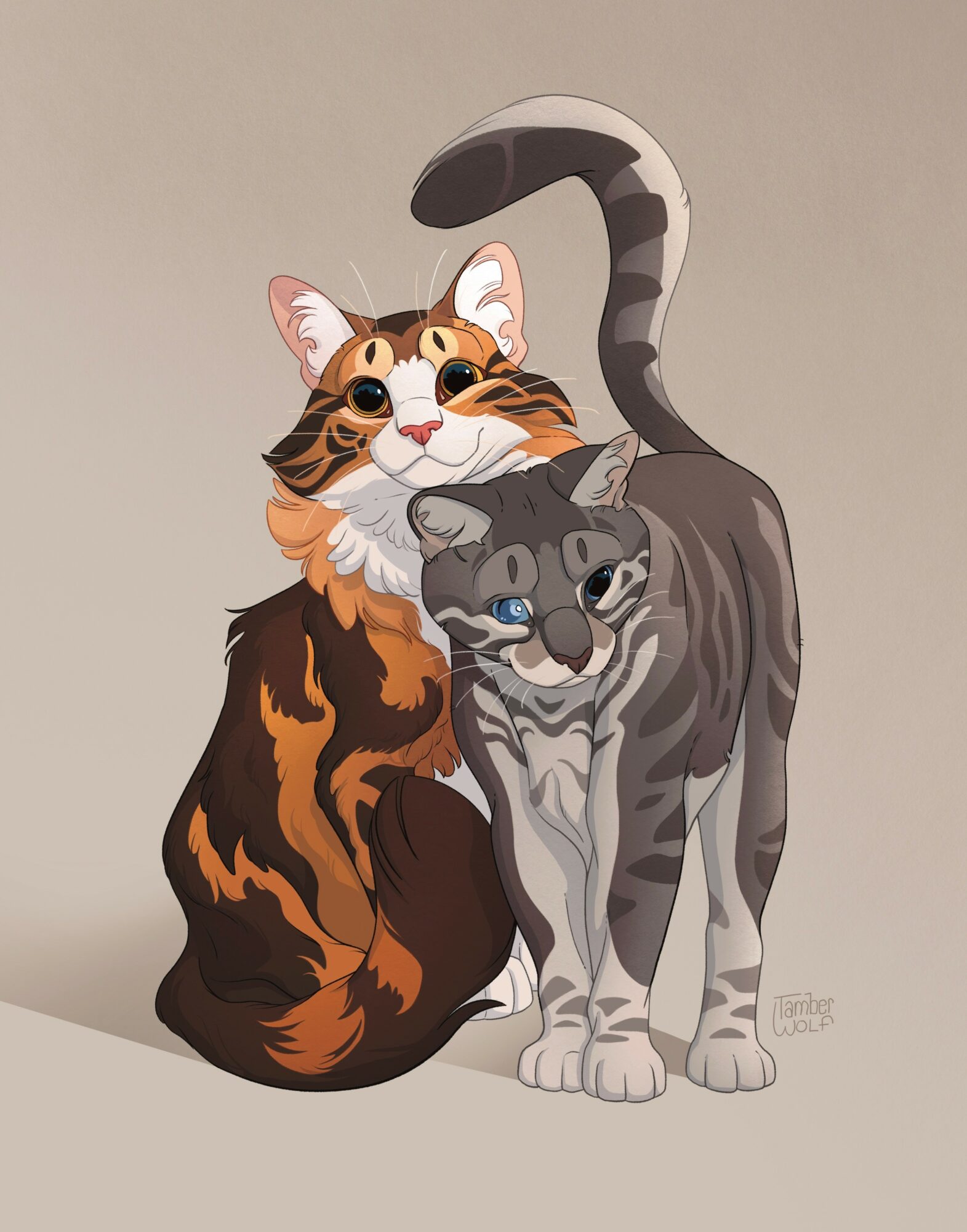 Two illustrated cats, one with orange and black fur, the other with gray and black stripes, standing close together.