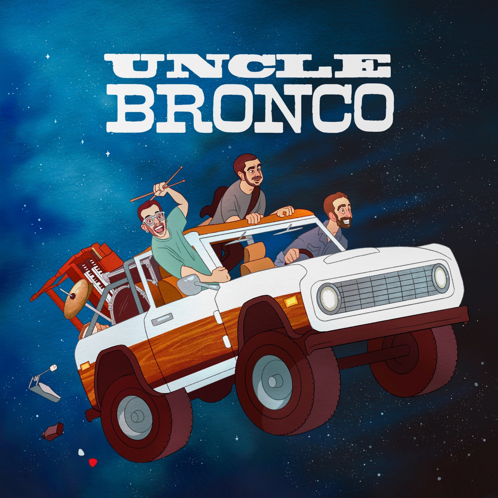 Three characters in a white and brown off-road vehicle flying through space with stars, with the title 'Uncle Bronco' above.