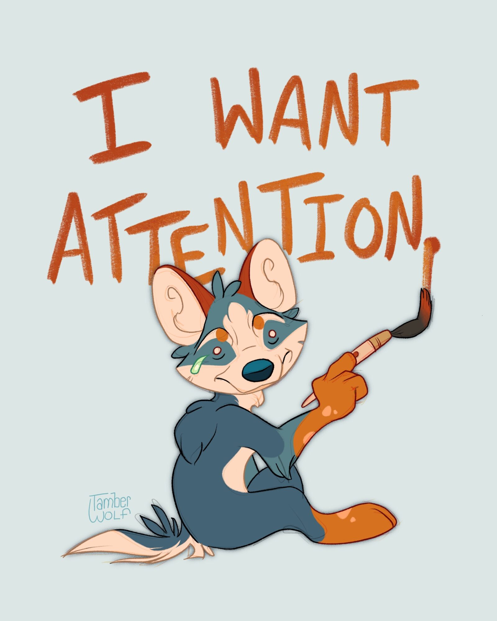 Cartoon fox wearing glasses and a hoodie, pointing with a paintbrush, with text saying 'I WANT ATTENTION!'.