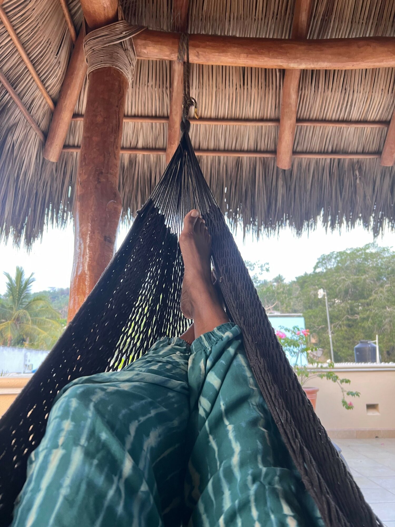 Person relaxing in a hammock under a thatched roof, with trees and sky in the background.