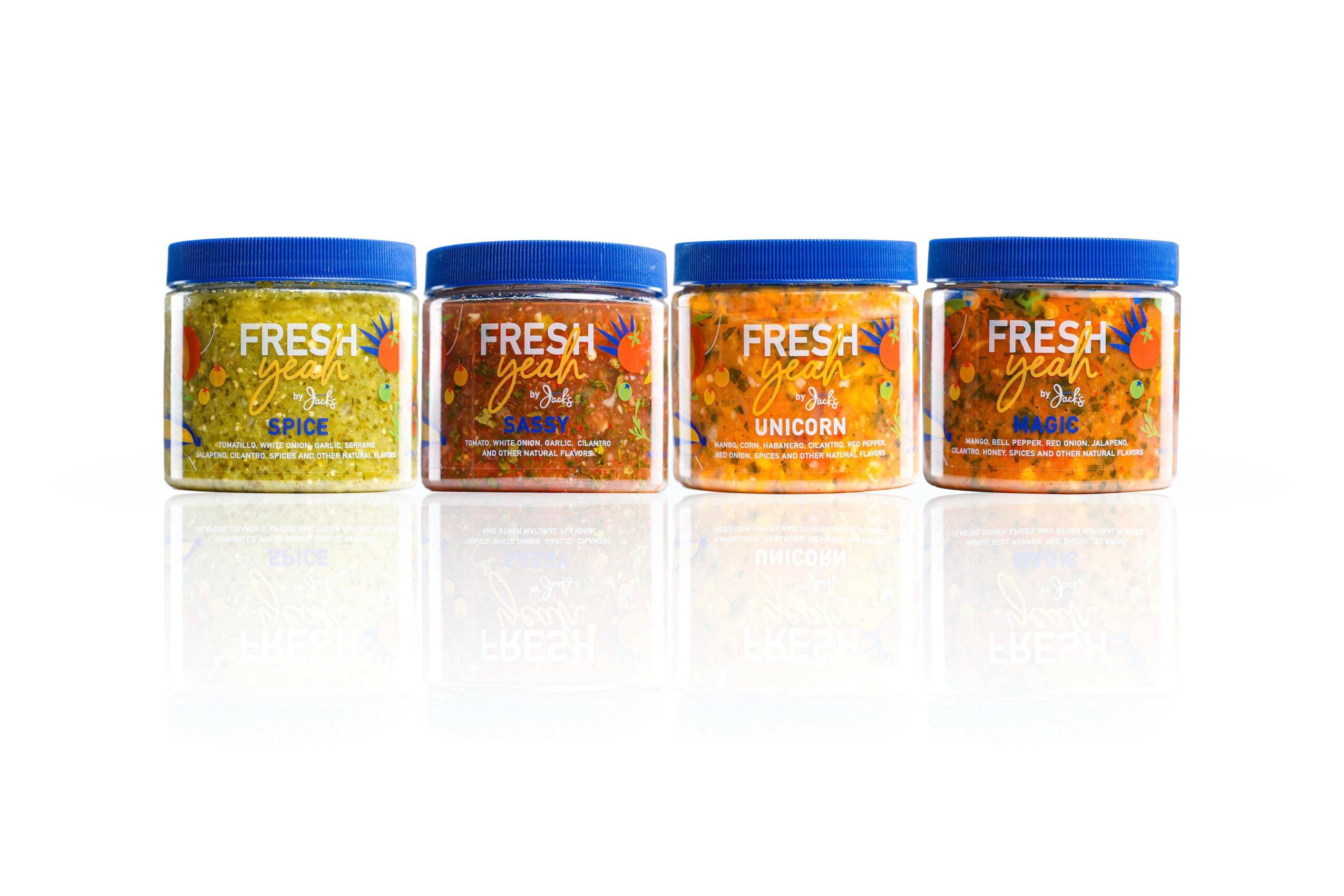 Four small jars with blue lids, labeled 'FRESH' and different flavors, arranged in a row on a reflective surface.