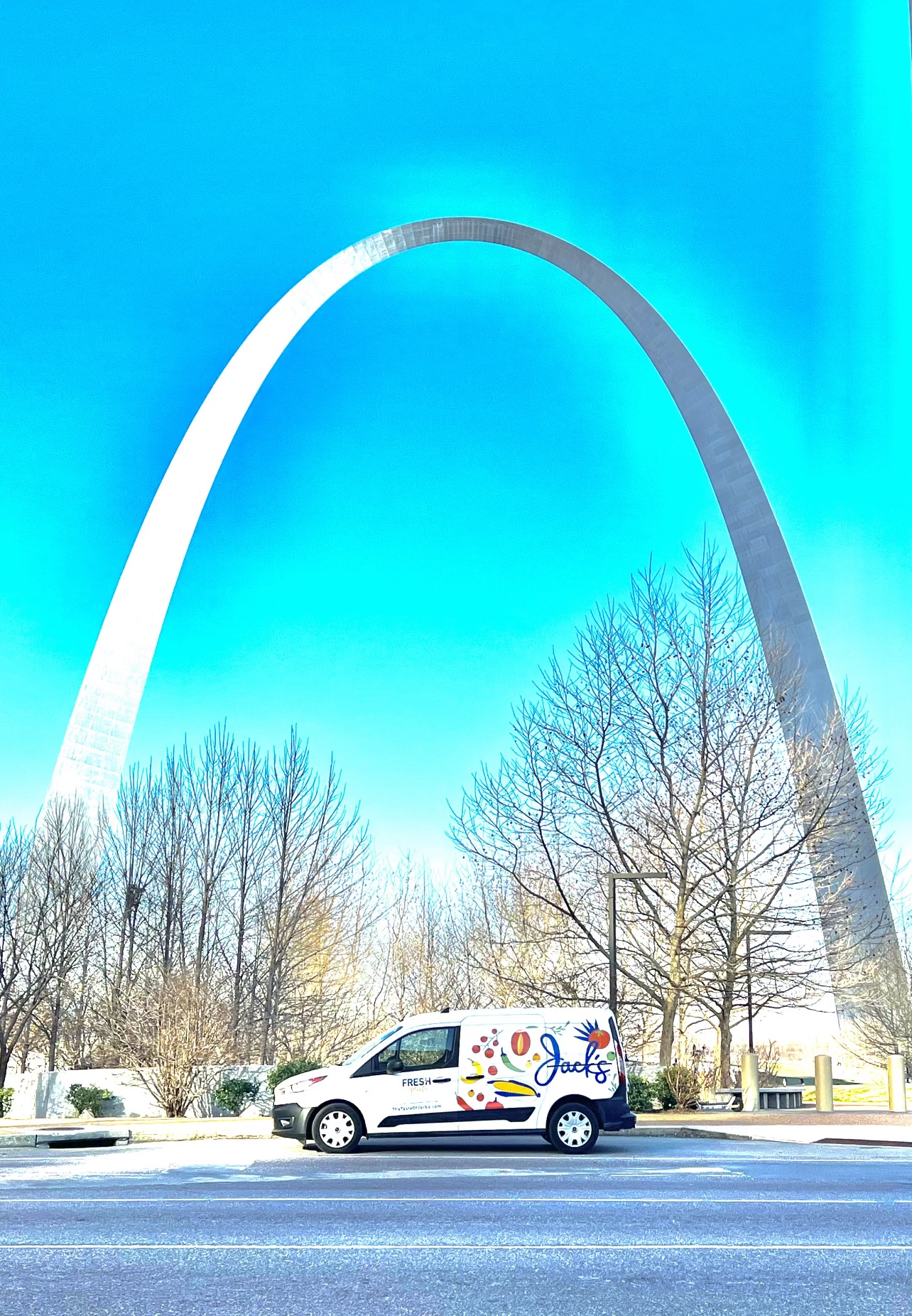 The Gateway Arch against a bright blue sky with leafless trees and a parked van in front.