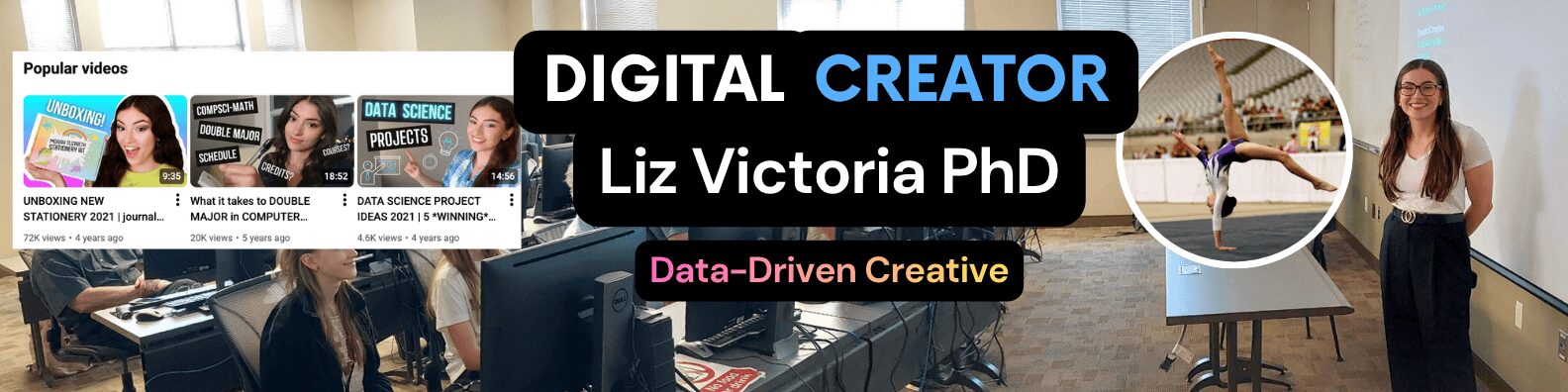 Group of people in a conference room with a woman presenting, digital creator banner, and a woman practicing yoga outdoors.