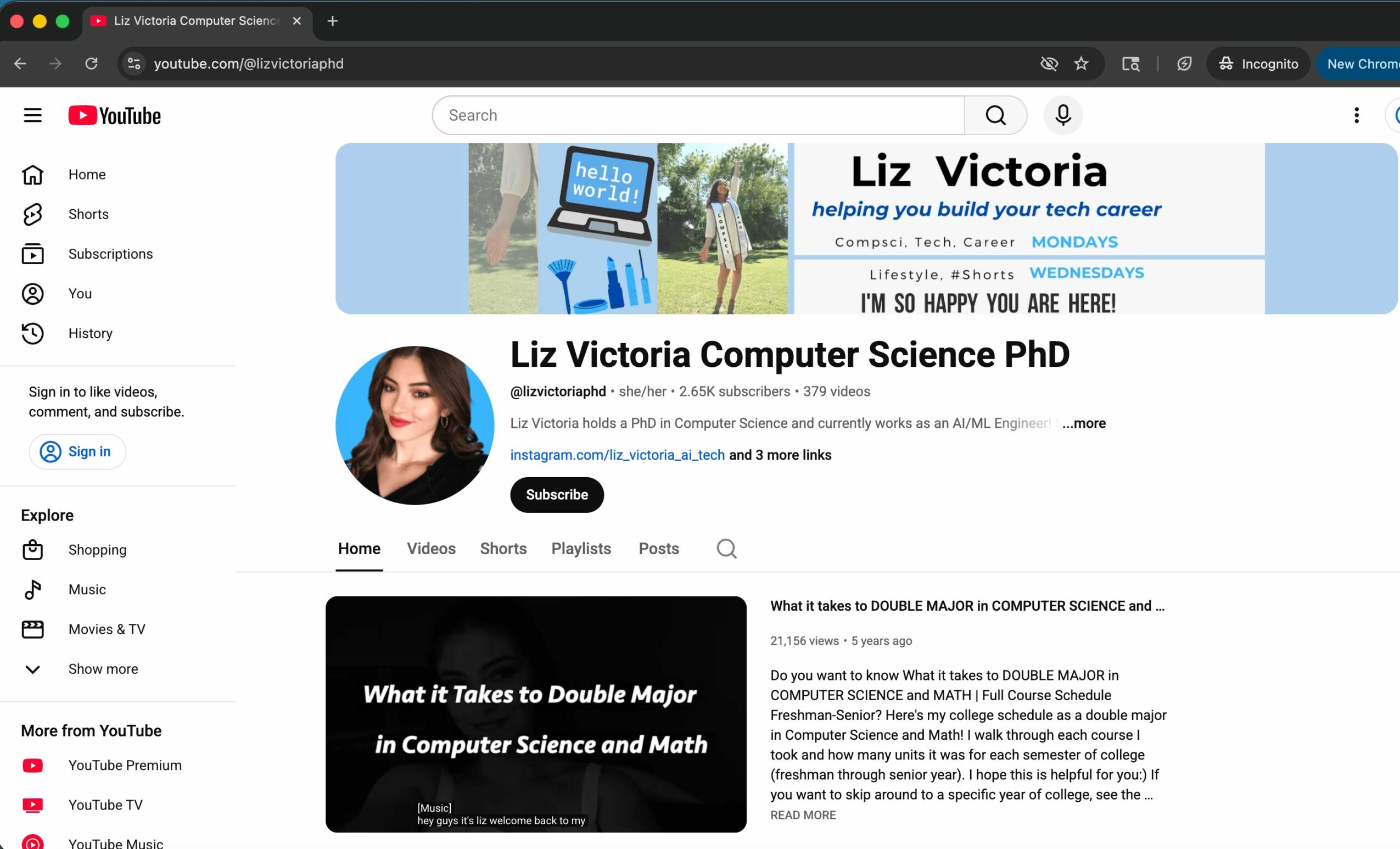 YouTube channel page for Liz Victoria Computer Science PhD, featuring a banner, profile picture, and video thumbnails.