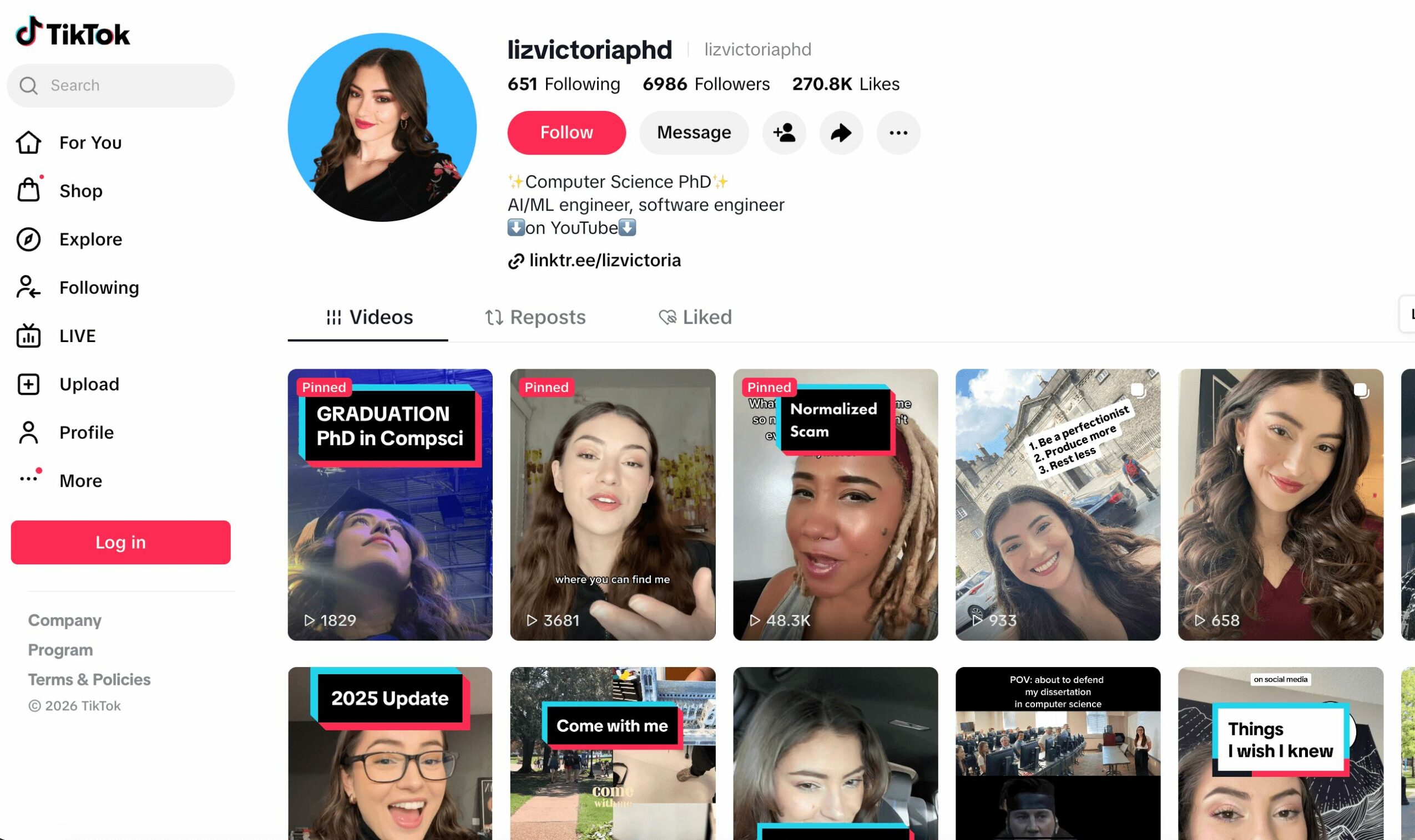 TikTok profile page with a woman’s profile picture, follower count, and video thumbnails below.