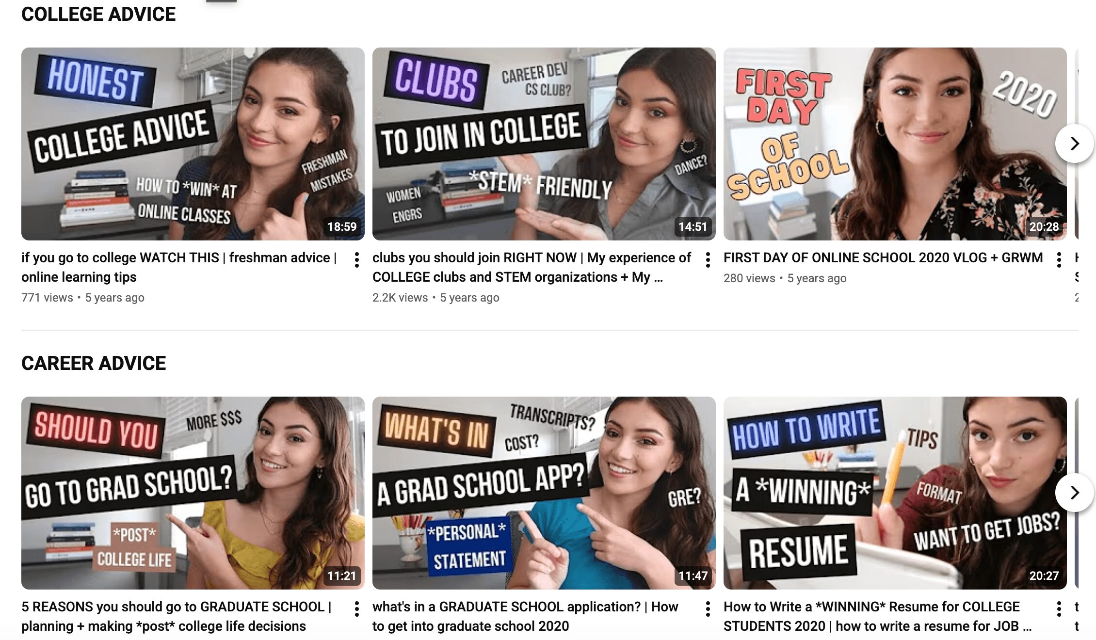 Collage of young women with college advice, club membership, first day of school, and career tips, smiling and holding signs.