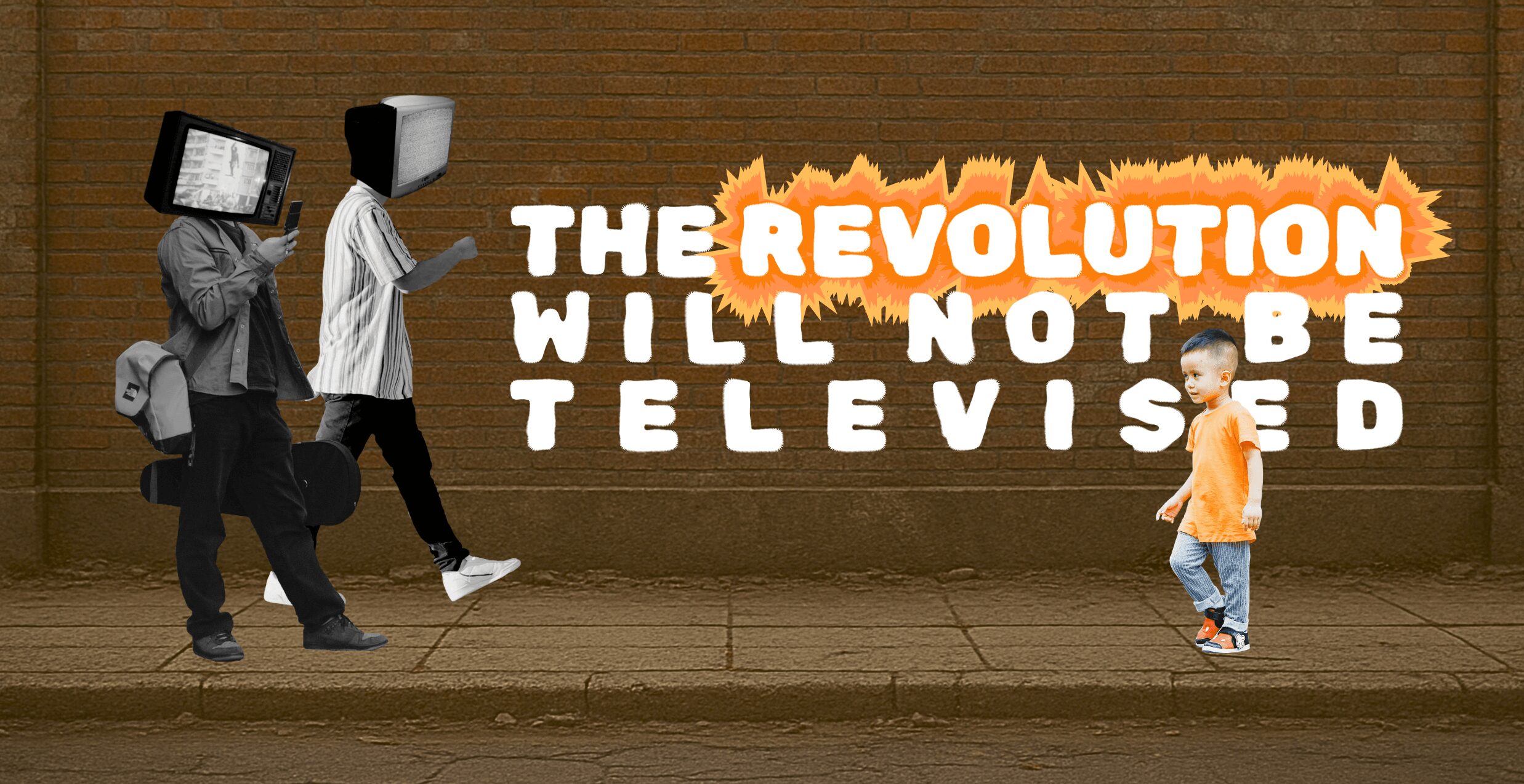 Three people with TV screens as heads walk past a wall with painted text about revolution and television, and a child nearby.