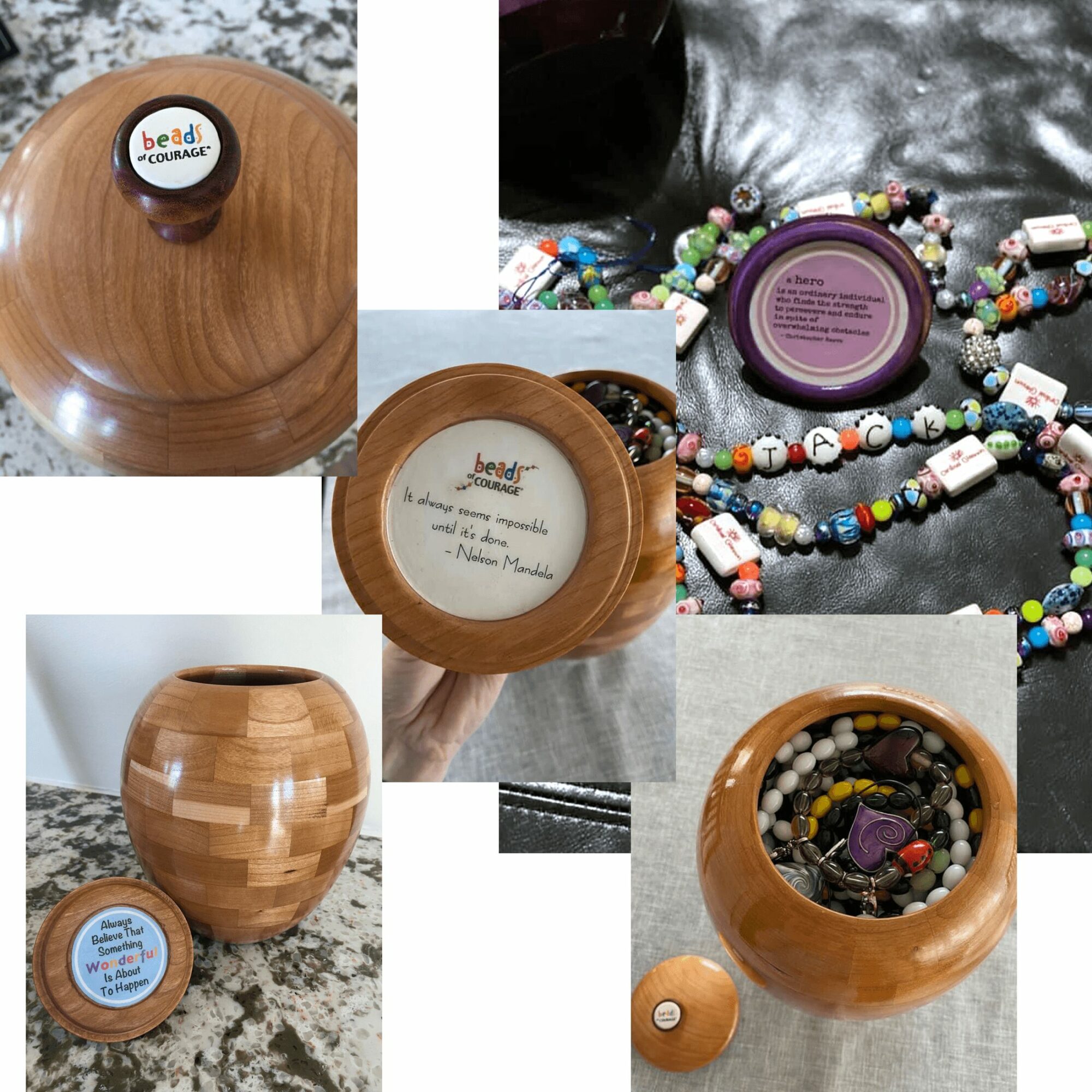 Wooden bead jar with colorful beads, lid, and label, displayed on various surfaces. Beads are inside the jar. Label shows brand and details.