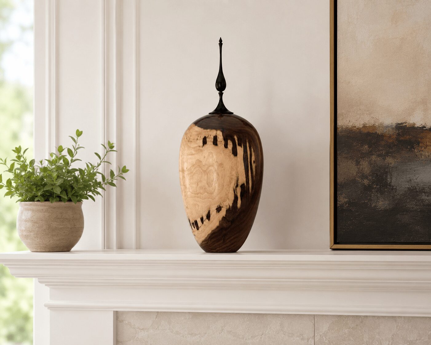 Decorative vase with a black finial on top, placed on a white mantelpiece next to a potted plant and a painting.