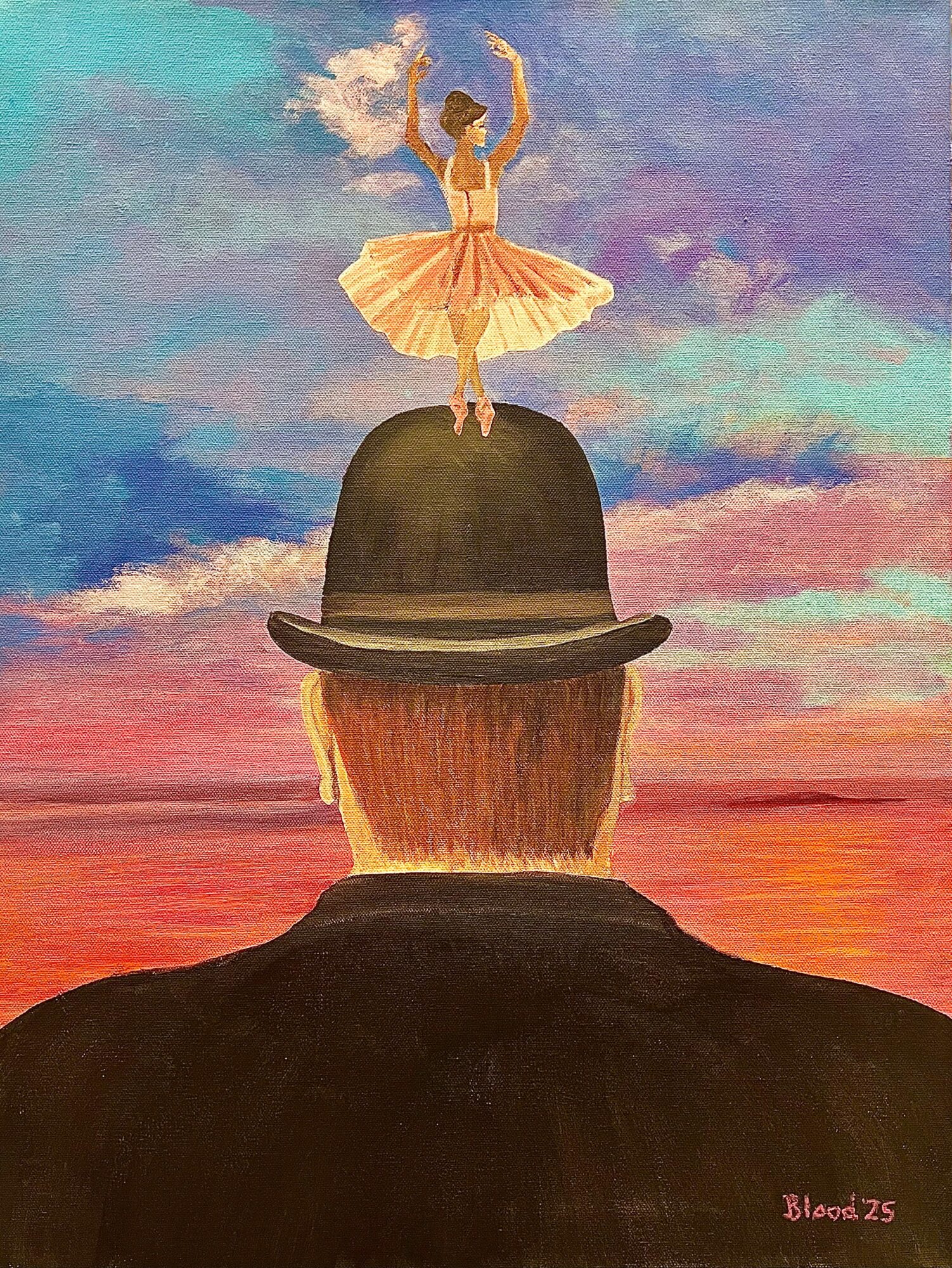 A man in a black hat and coat faces a colorful sunset sky with a ballerina standing on his hat.