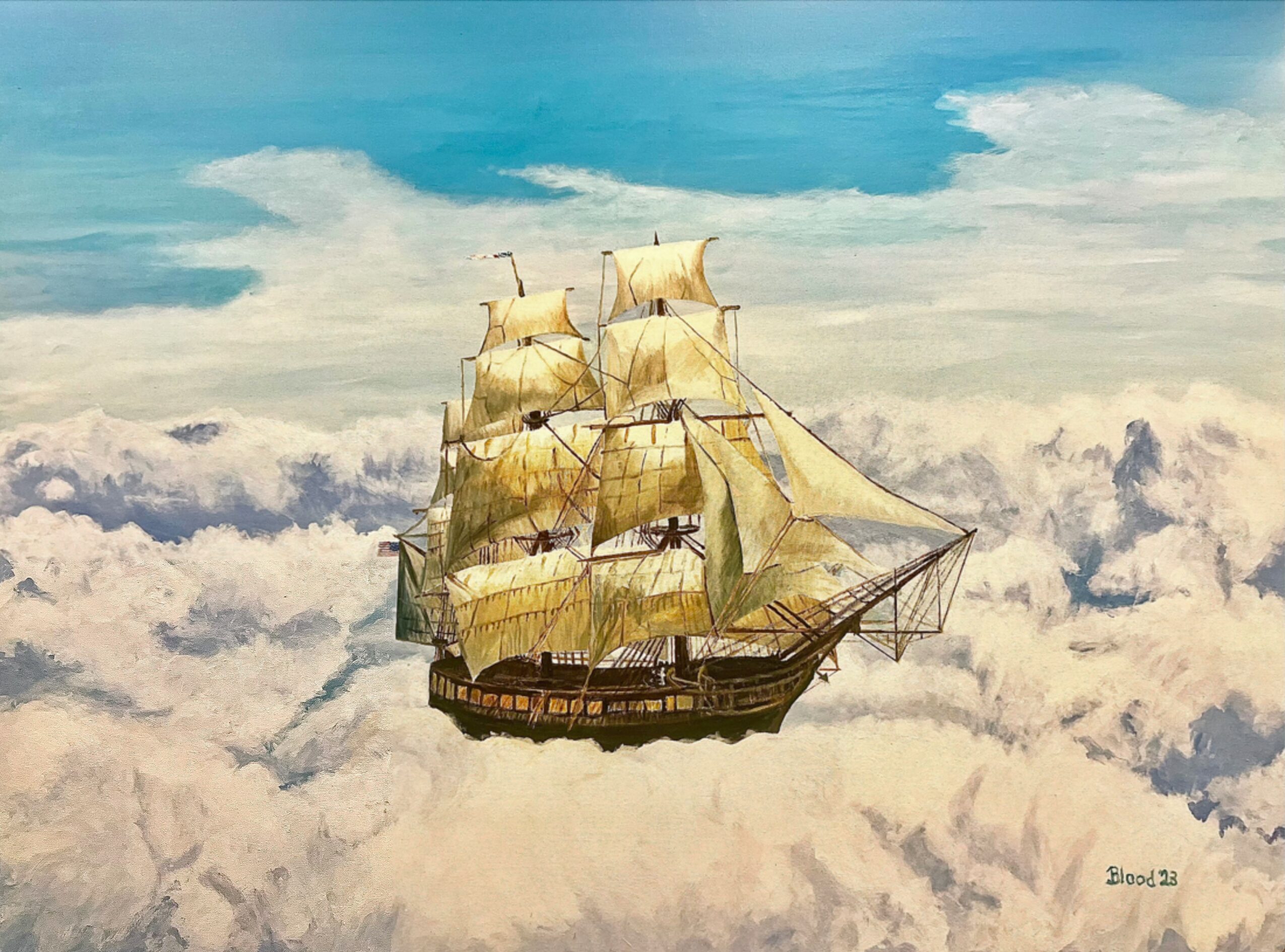 A sailing ship with multiple sails floats among clouds in the sky.