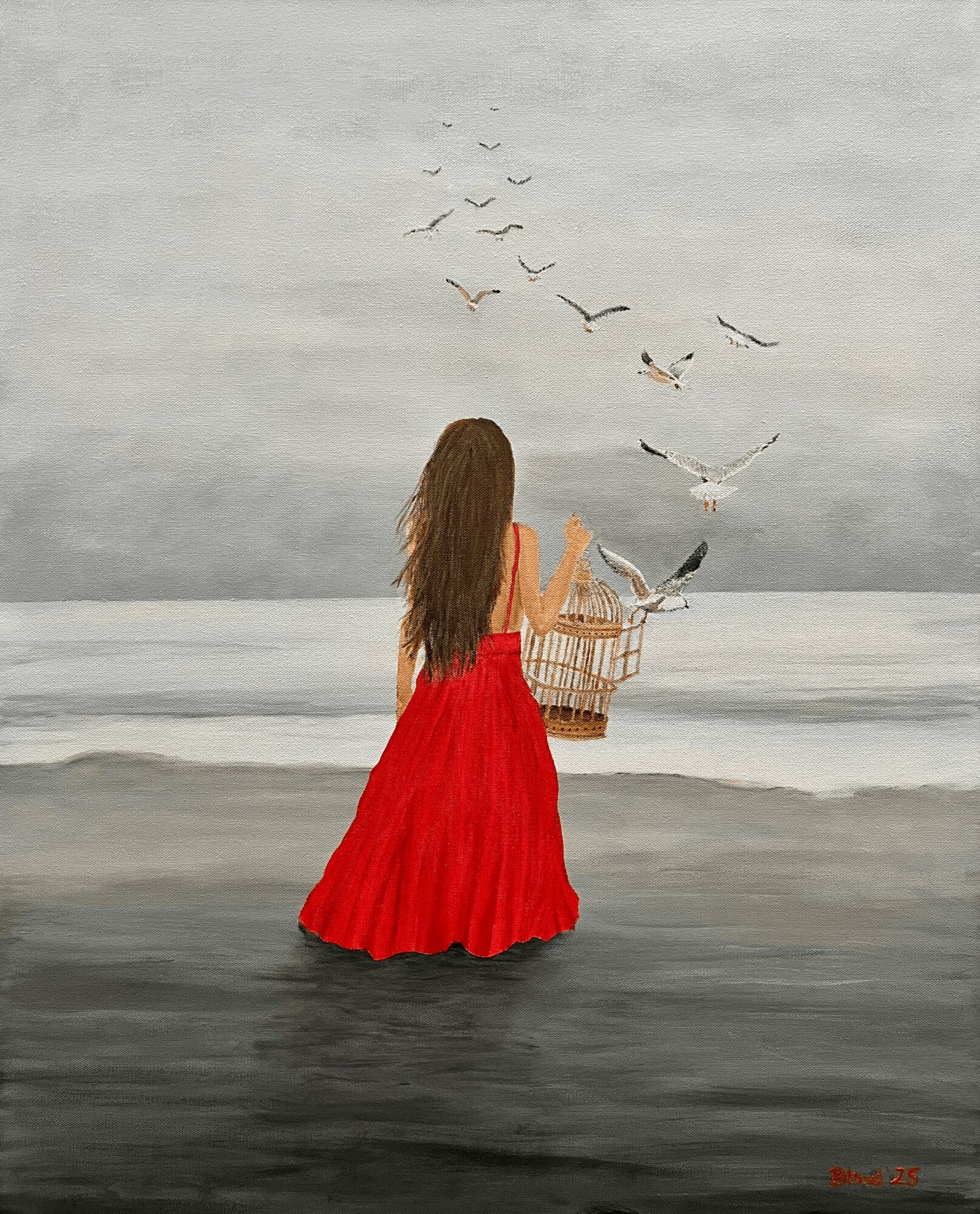 A woman with long hair in a red skirt stands on a beach holding a basket, with seagulls flying overhead.