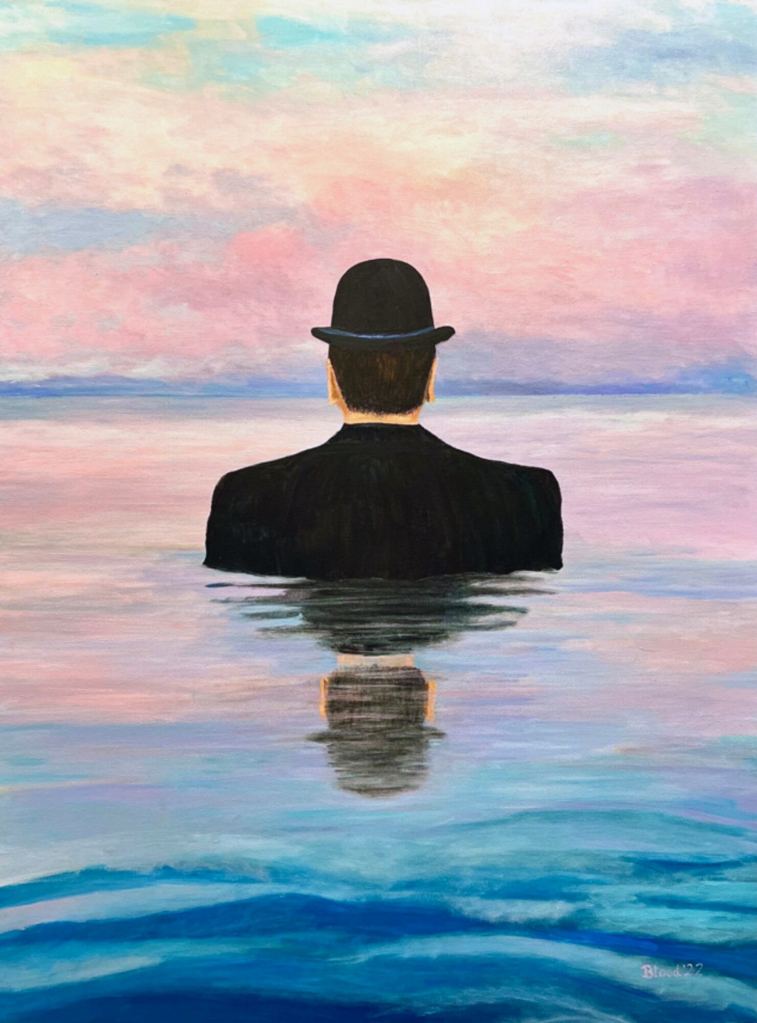 Person wearing a bowler hat and black suit seen from behind, reflected in water, with pastel sky background.