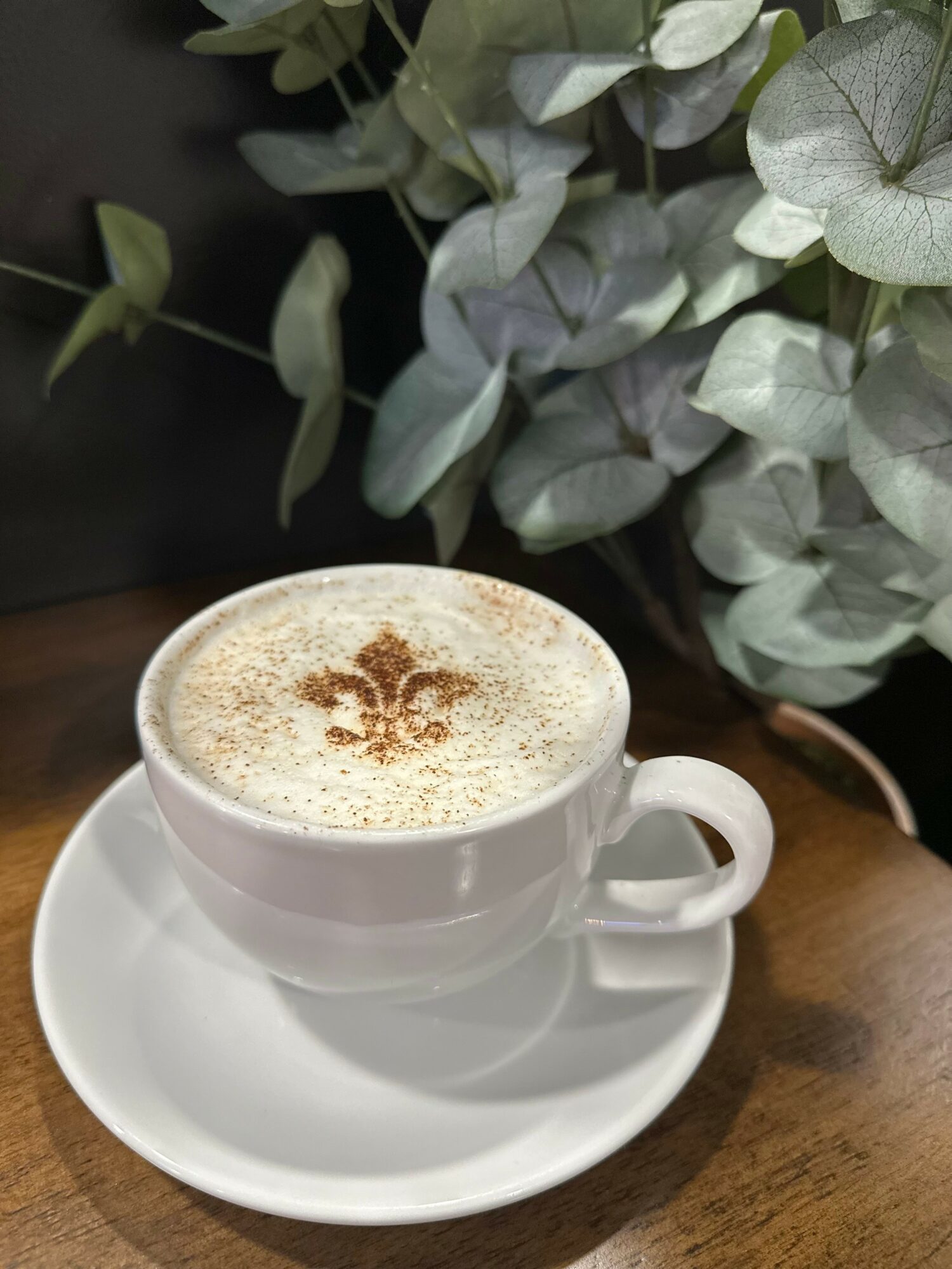 White cup of coffee with foam and a leaf design, on a saucer, with eucalyptus leaves in background