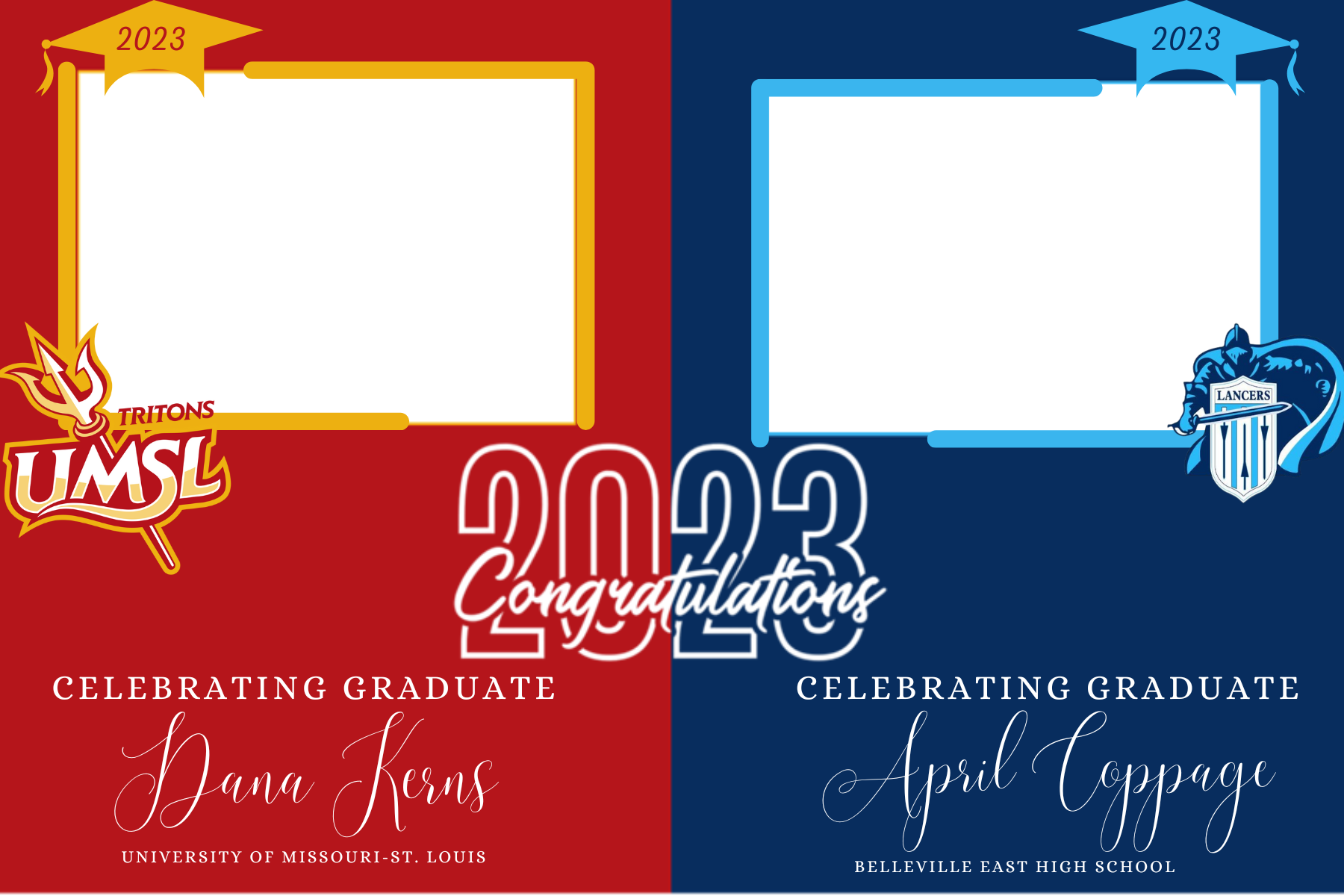 Graduation frame with red and blue sections, space for photos, and congratulatory messages for graduates, 2023.