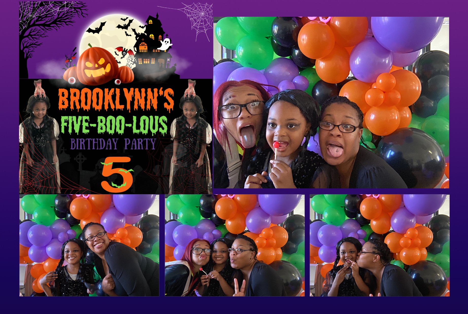 Four children and a woman at a birthday party with colorful balloons, smiling and posing for photos, Halloween-themed backdrop, and a birthday banner.