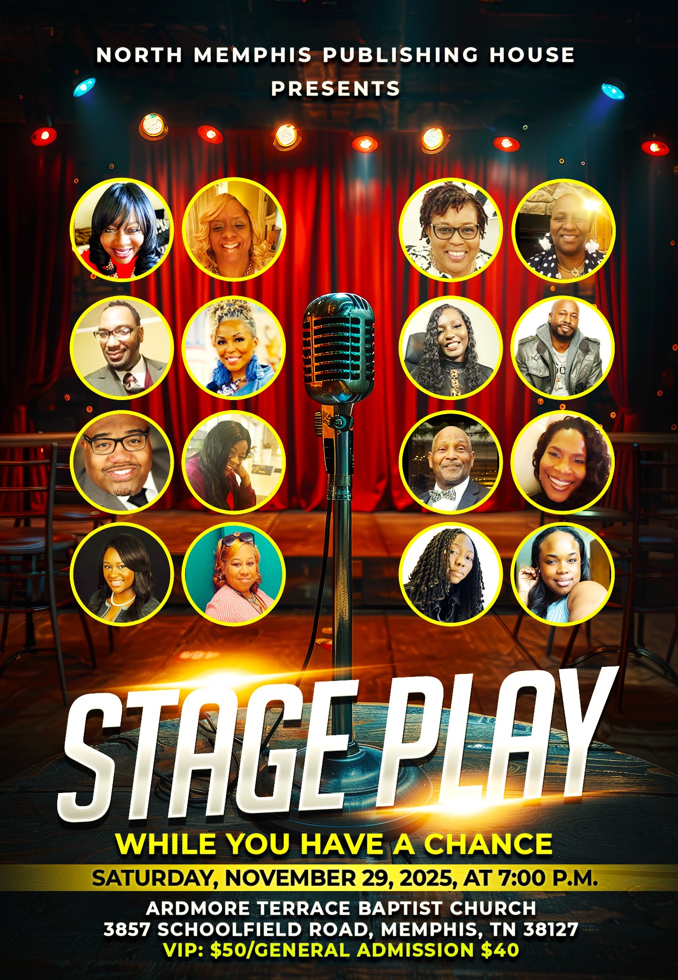 Poster for stage play event with 12 headshots of diverse performers, a microphone, and event details on a stage background.