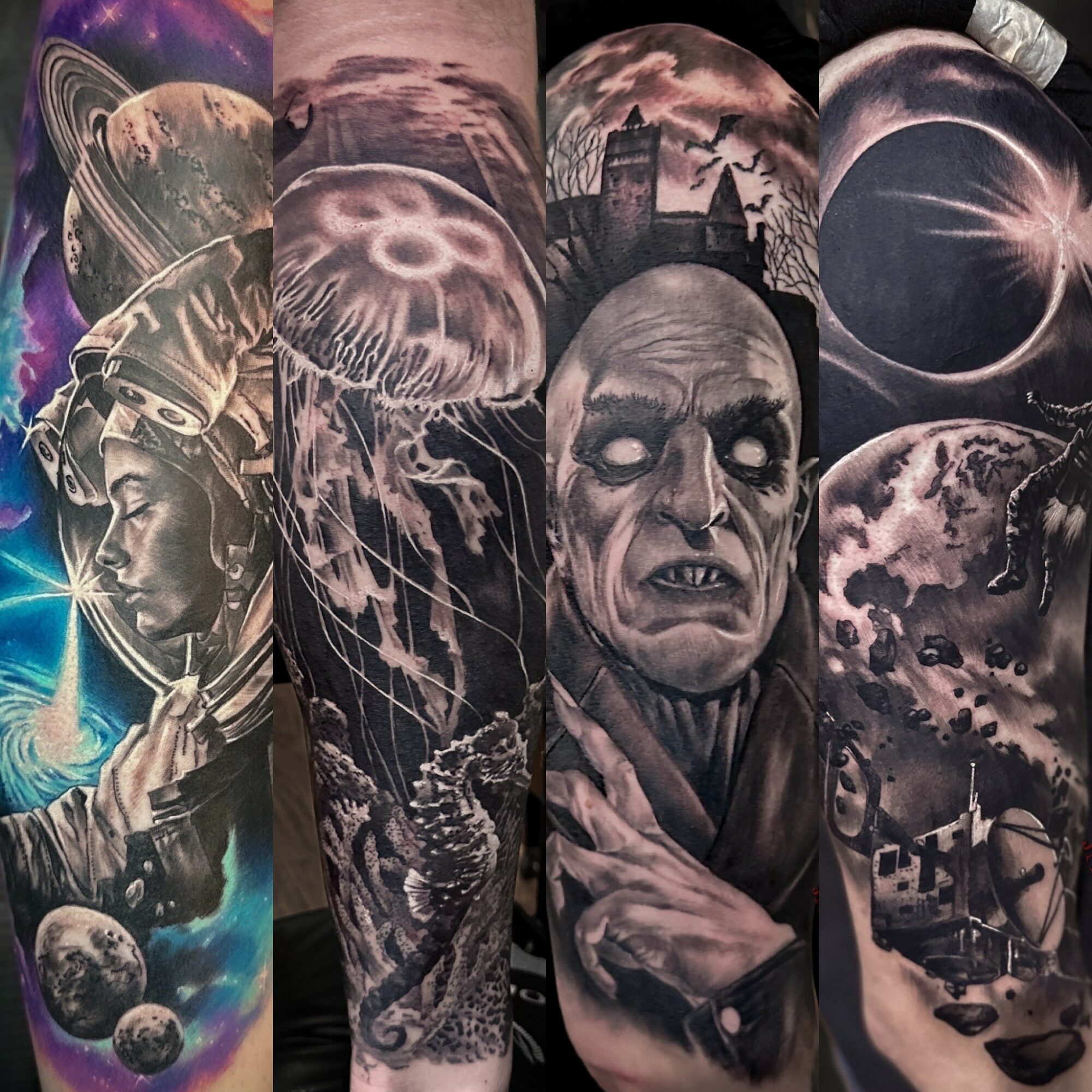 Tattoo featuring a space-themed scene with planets, a castle, a zombie-like figure, and cosmic elements, in black and gray tones.
